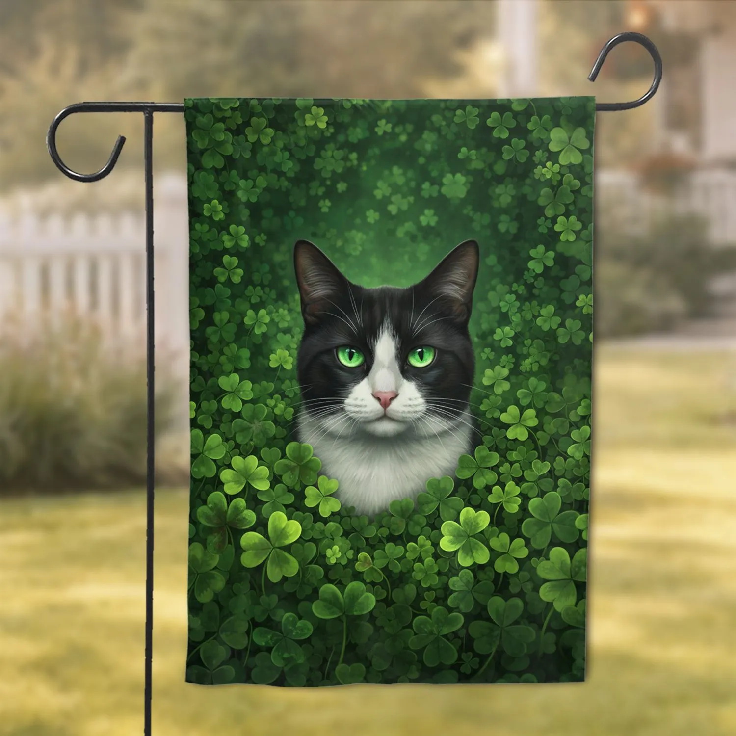 Black White Cat Emerald Shamrocks Clover St. Patrick's Day Gift for Cat Lover Garden Flag - 1