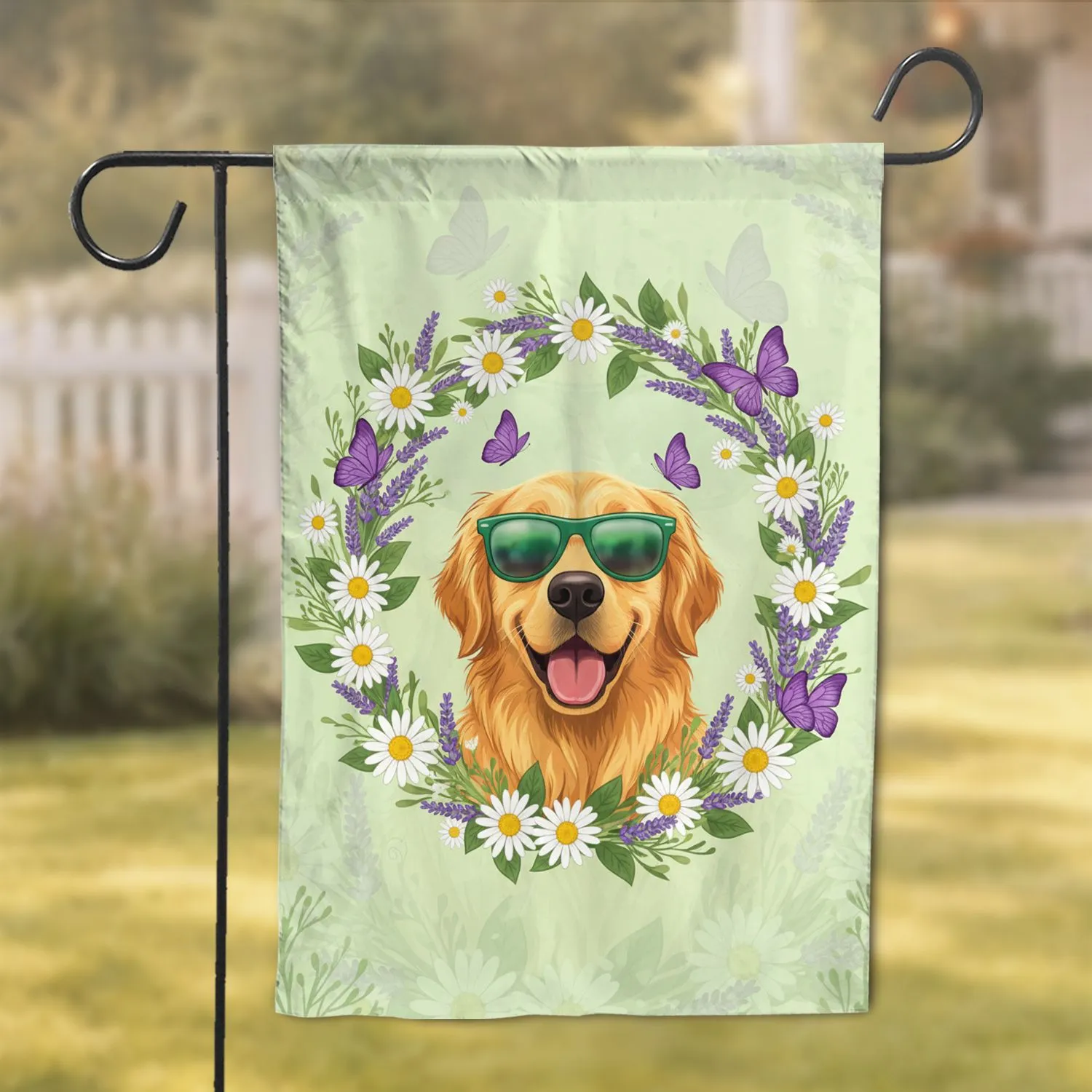 Golden Retriever Green Sunglasses Floral Daisy Wreath - Home Decor Gift for Dog Lovers Garden Flag - 1