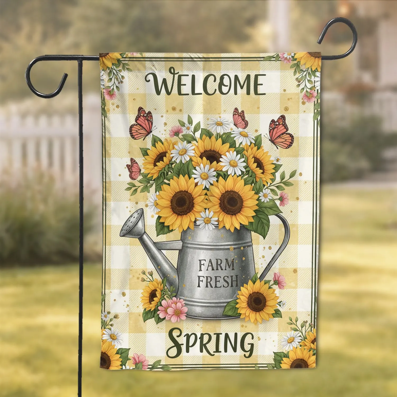 Farm Fresh Watering Can Sunflowers Butterflies - Welcome Spring Decor Garden Flag - 1