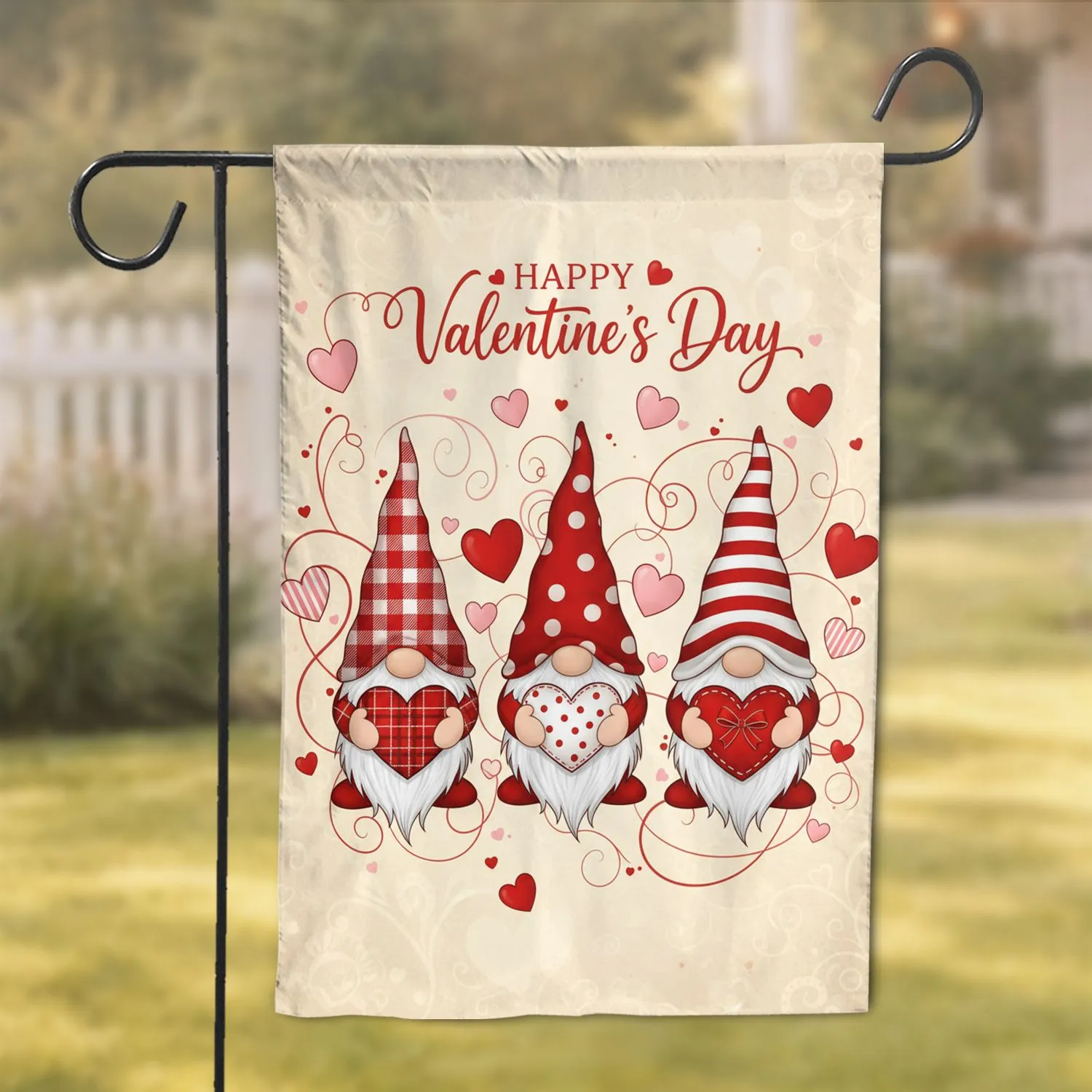 Three Valentine Gnomes, Swirling Hearts, 'Happy Valentine's Day' - Valentine's Day Decor Garden Flag - 1