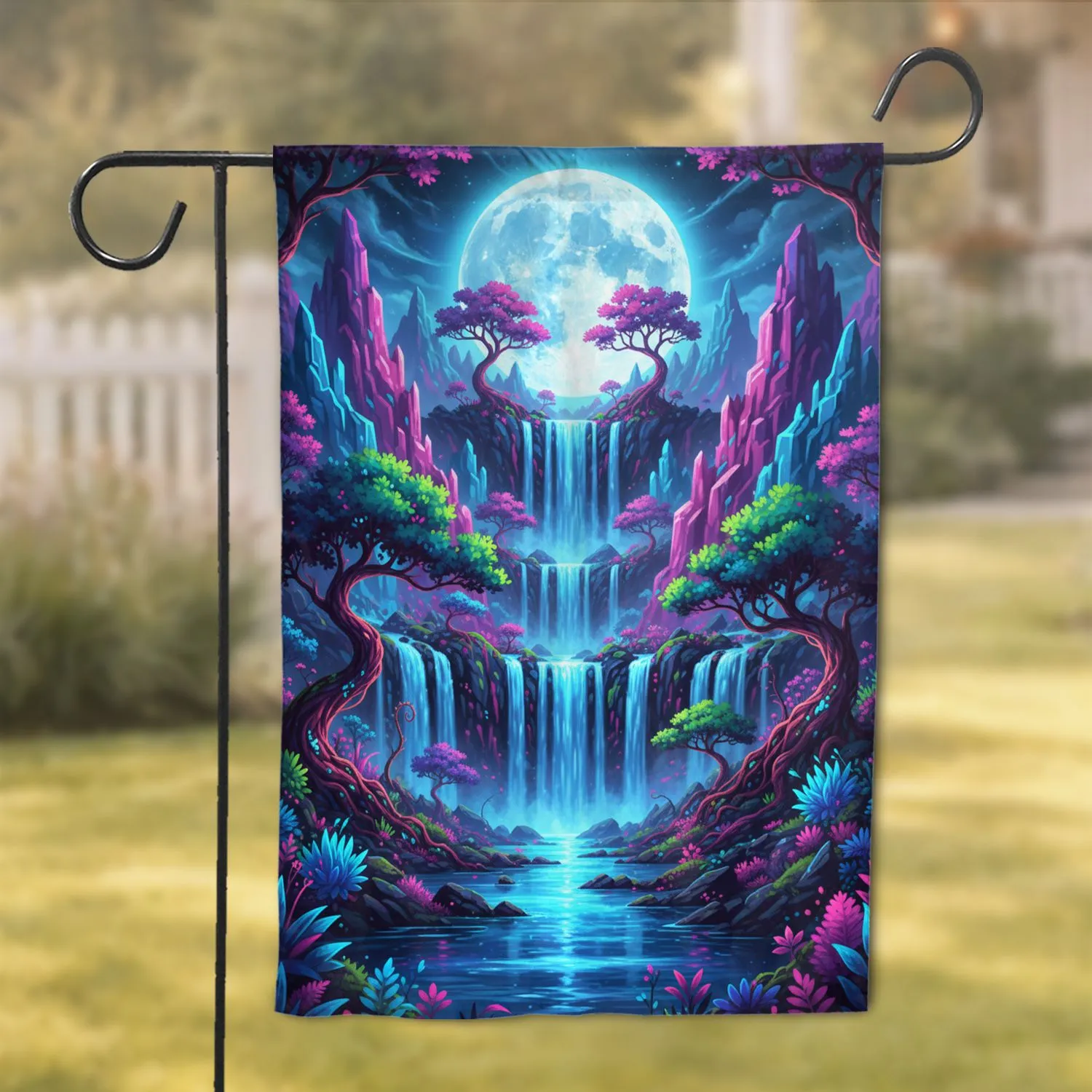 Neon Glowing Waterfall Fantasy Landscape Moon River Crystal Cliffs - Home Decor Gift Garden Flag - 1