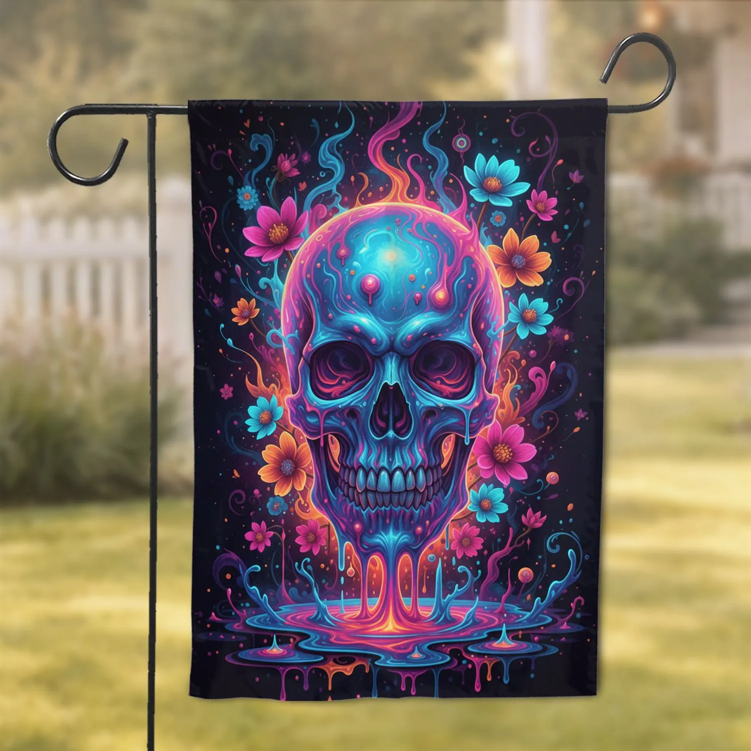 Melting Human Skull Psychedelic Floral - Surreal Home Decor Gift for Skull Lover Garden Flag - 1