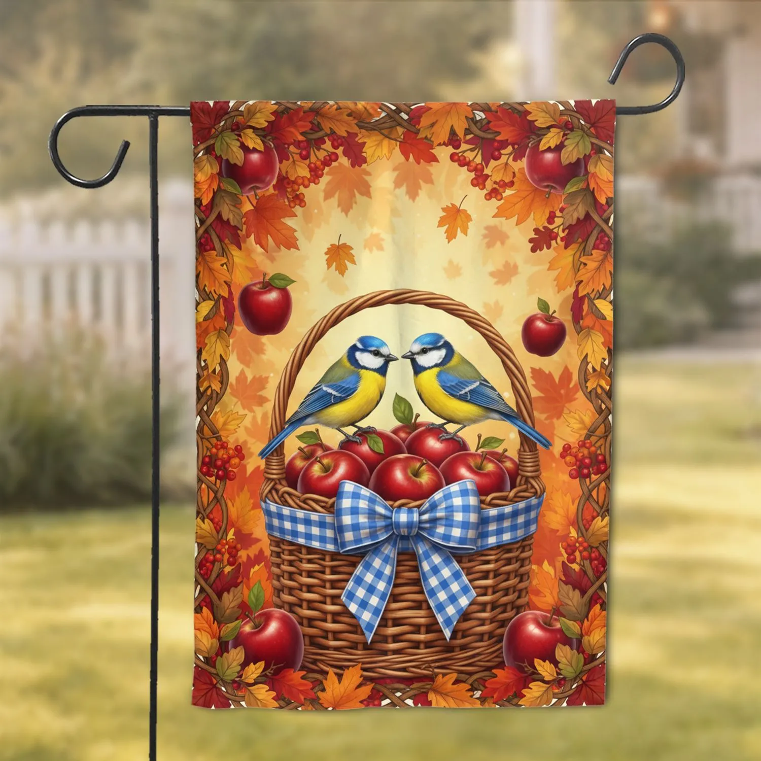Songbirds Ripe Apple Basket Autumn Foliage Gingham Ribbon - Fall Home Decor Garden Flag - 1