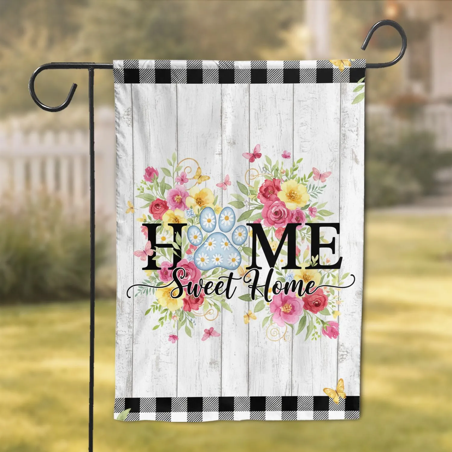 Sweet Home Paw Print Watercolor Floral Wood Plank Farmhouse Buffalo Plaid Home Decor Gift Garden Flag - 1