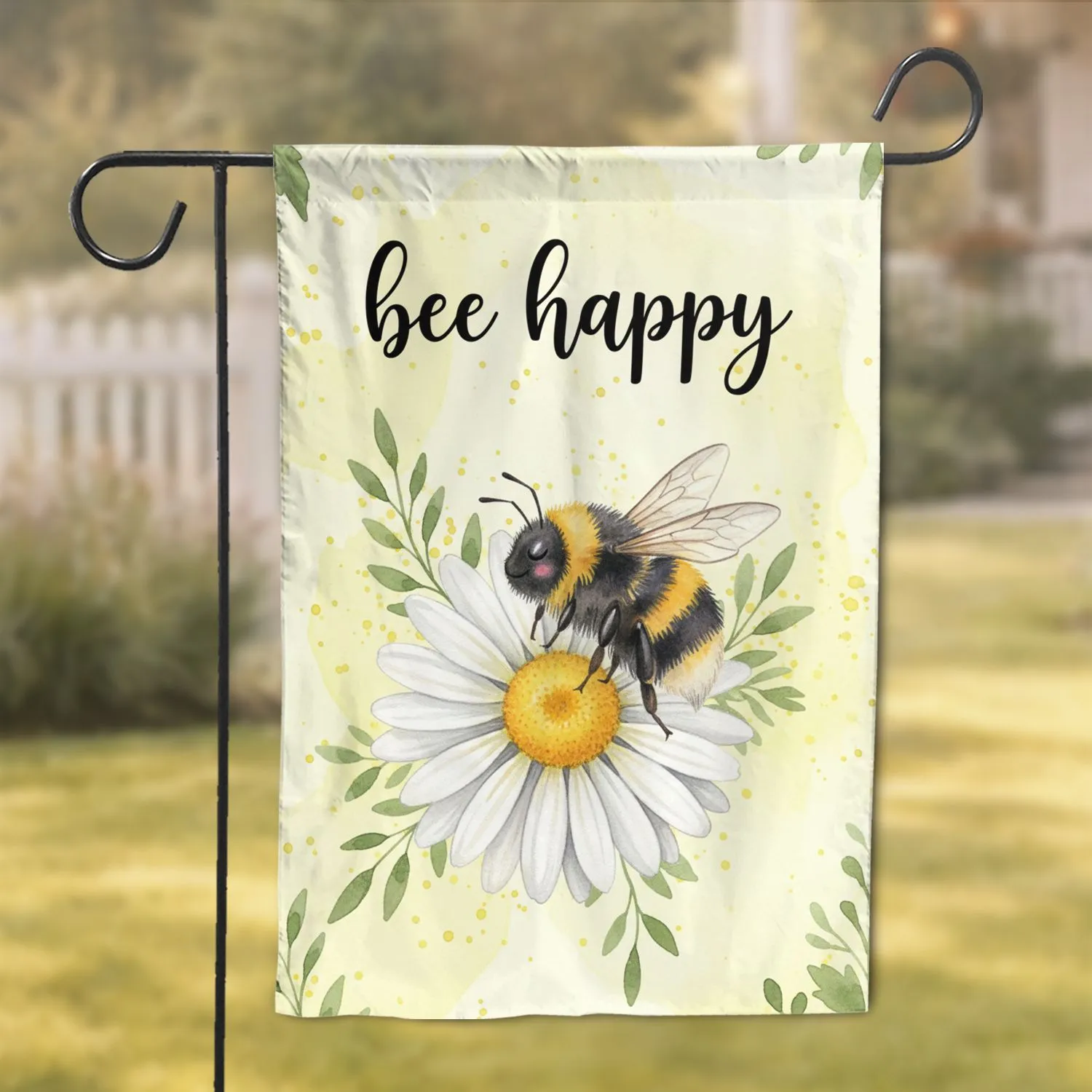 Fluffy Bumblebee White Daisy Green Leaves Bee Happy - Home Decor Gift for Bee Lover Garden Flag - 1