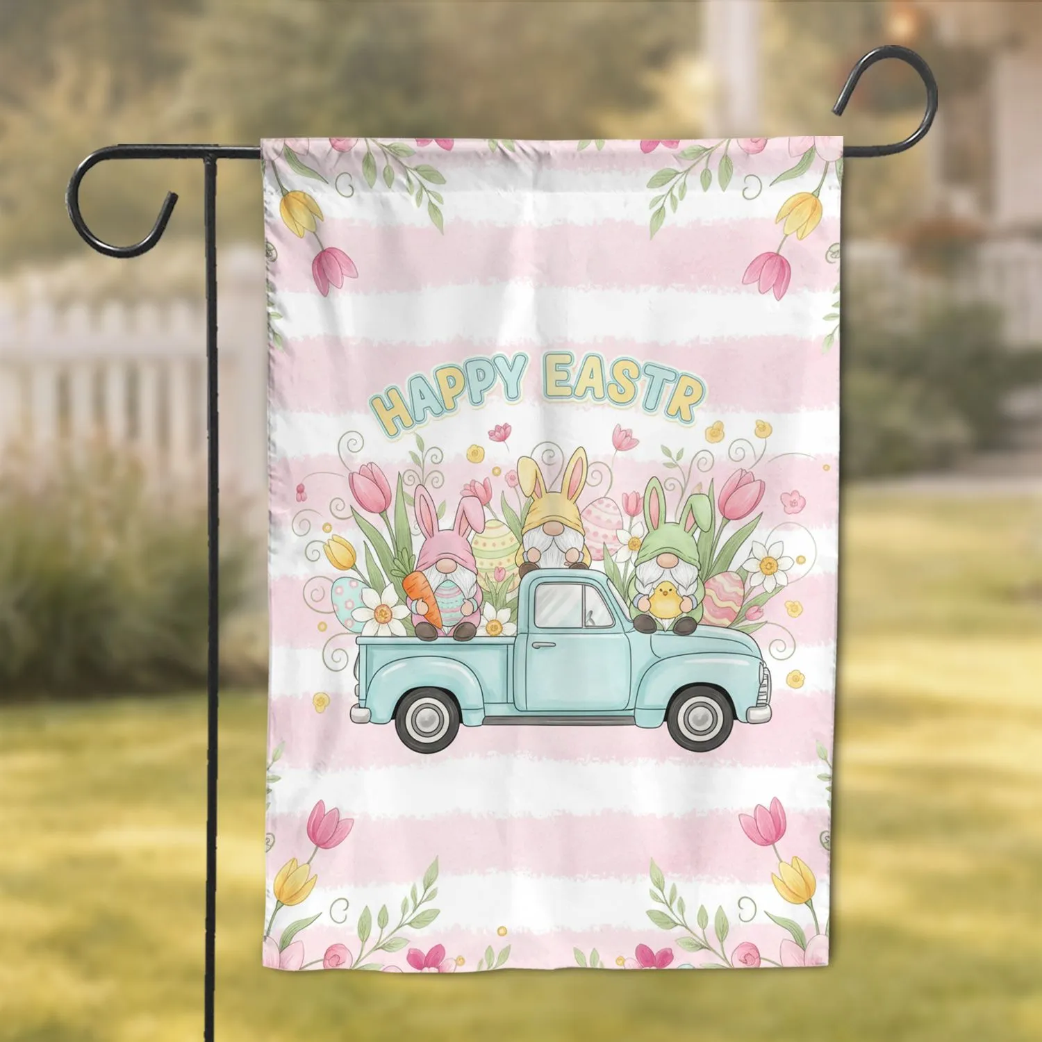 Happy Easter Gnomes Vintage Truck Spring Flowers Eggs - Easter Celebration Garden Flag - 1