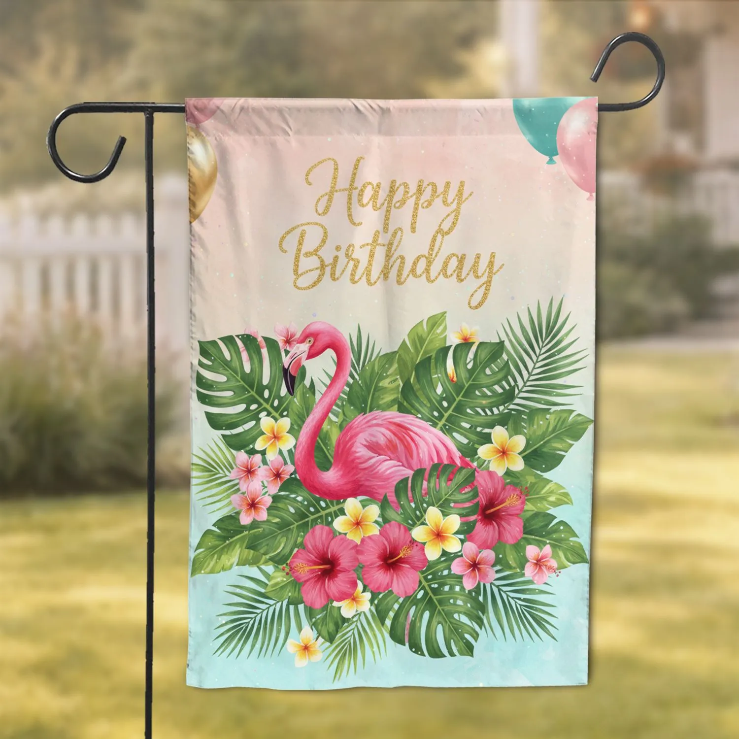 Pink Flamingo Tropical Leaves Happy Birthday Balloons - Birthday Celebration Gift Garden Flag - 1
