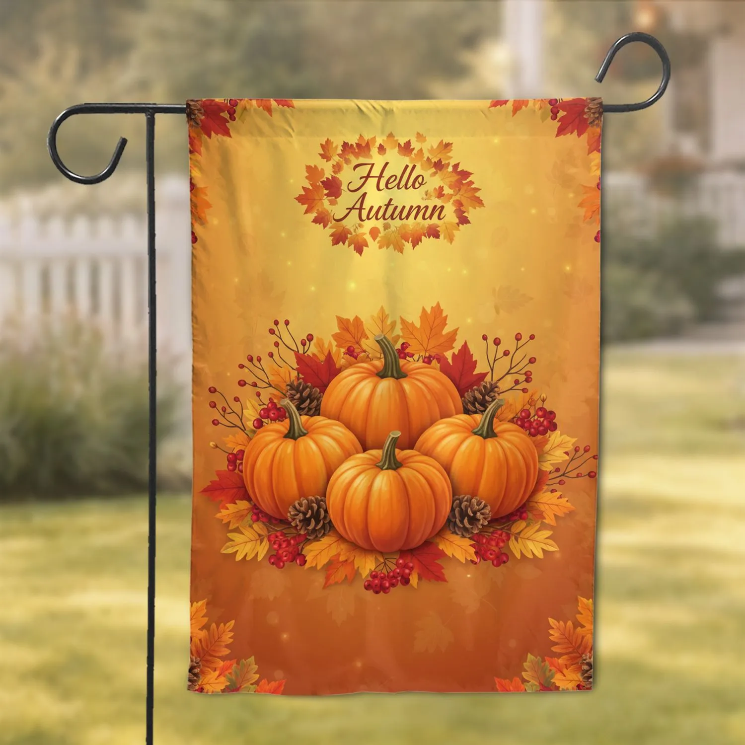 Autumn Harvest Pumpkins Fall Leaves Berries Pinecones Hello Autumn - Home Decor Gift Garden Flag - 1