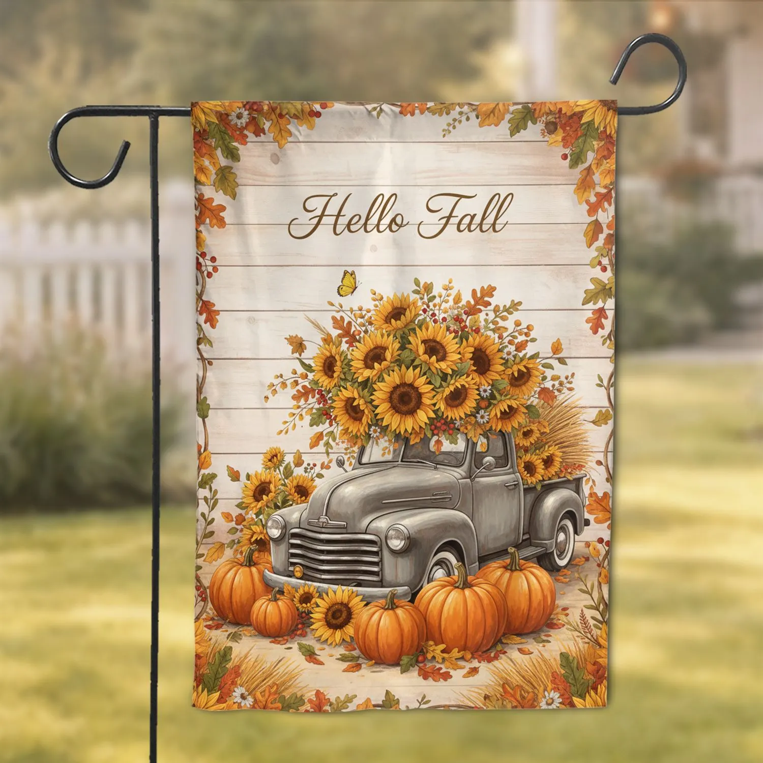 Hello Fall Harvest Truck Sunflowers Pumpkins - Autumn Farmhouse Decor Gift Garden Flag - 1