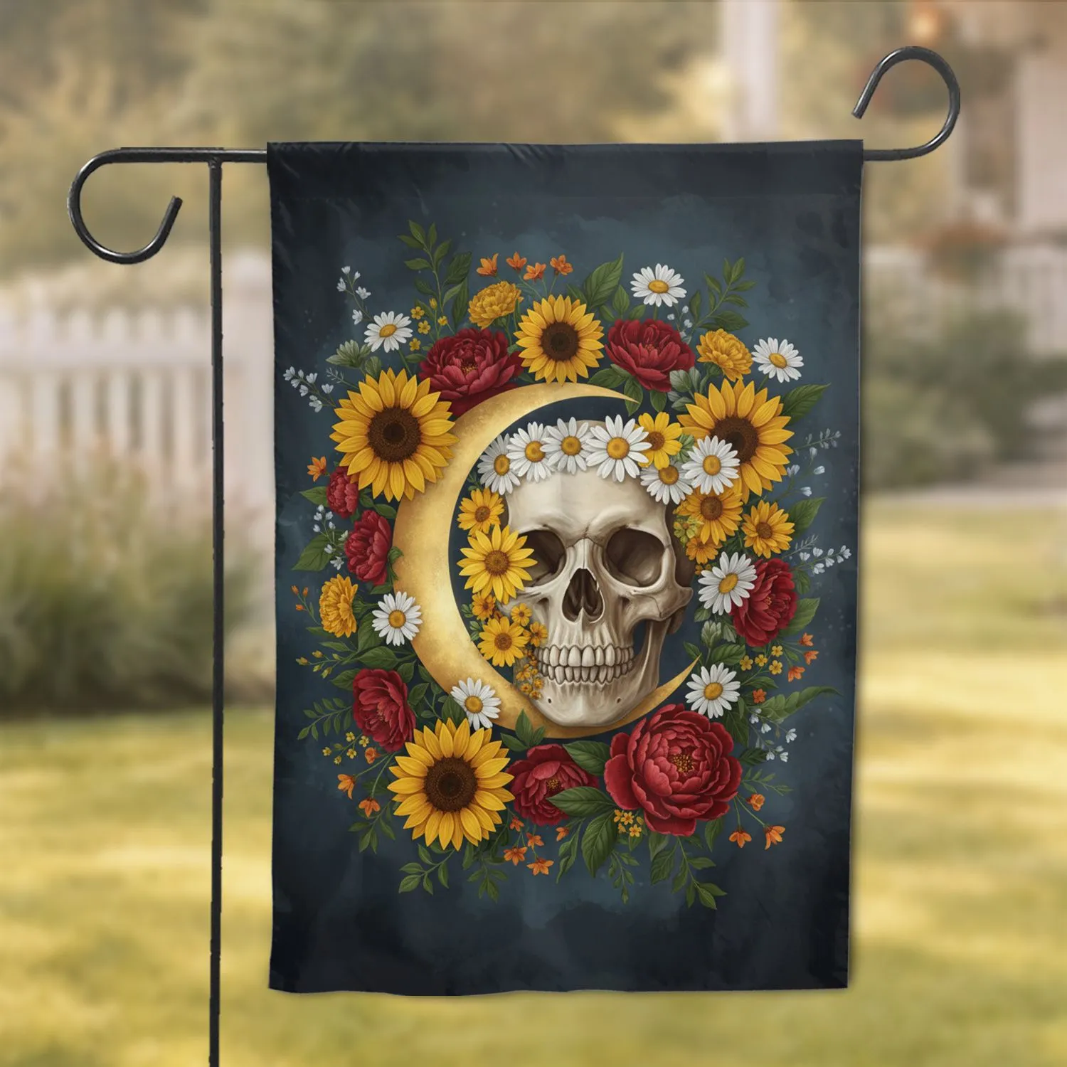 Skull Golden Moon Wildflower Daisy Peony Garland Night Sky - Home Decor Gift Garden Flag - 1