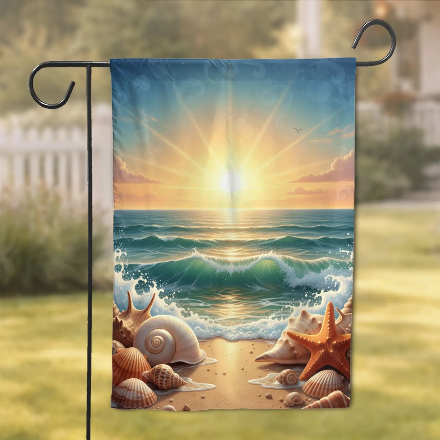 Seashells Ocean Sunset Waves - Coastal Home Decor Gift for Beach Lovers Garden Flag - 1