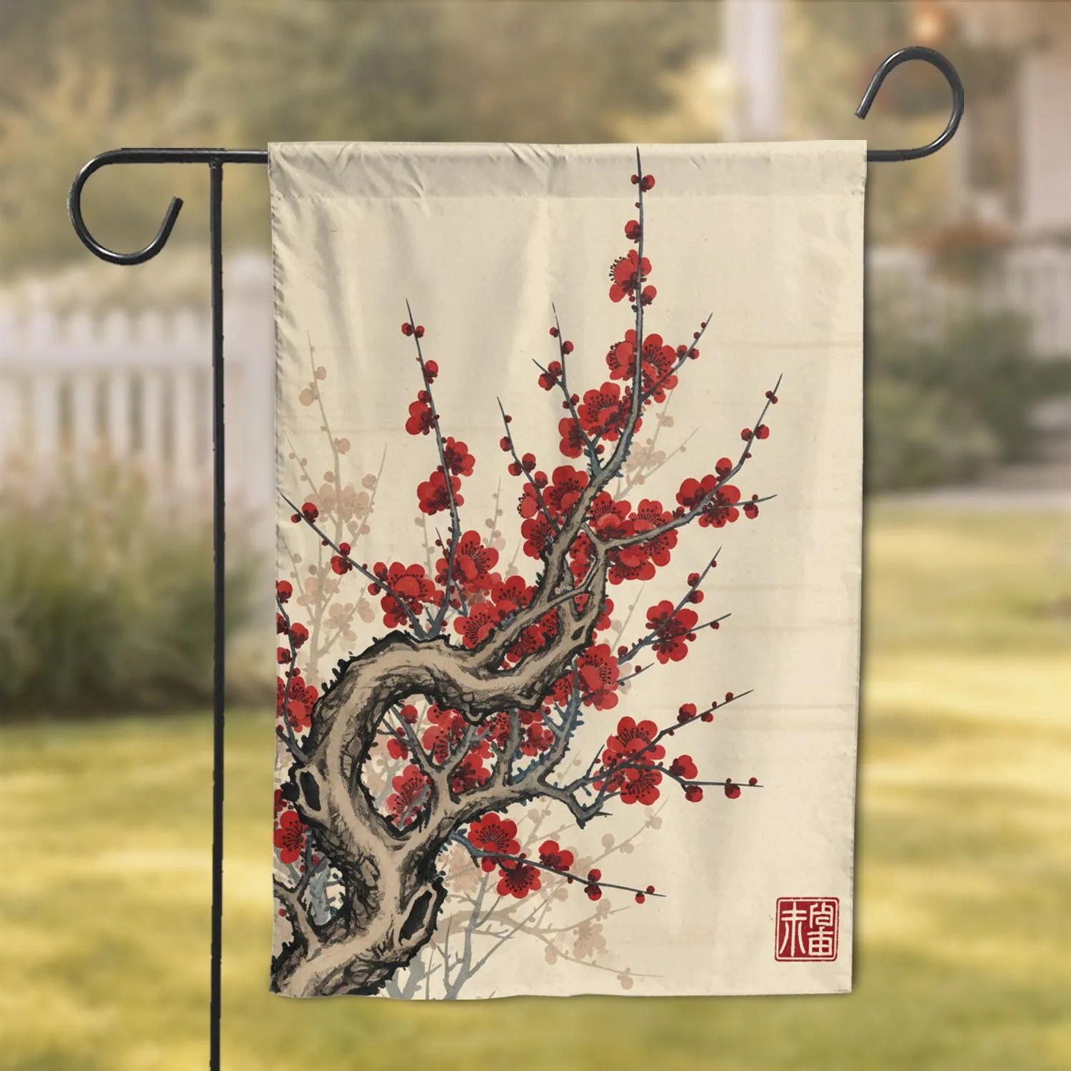 East Asian Cherry Plum Blossoms Calligraphy Seal Tree Branch - Home Decor Gift Garden Flag - 1