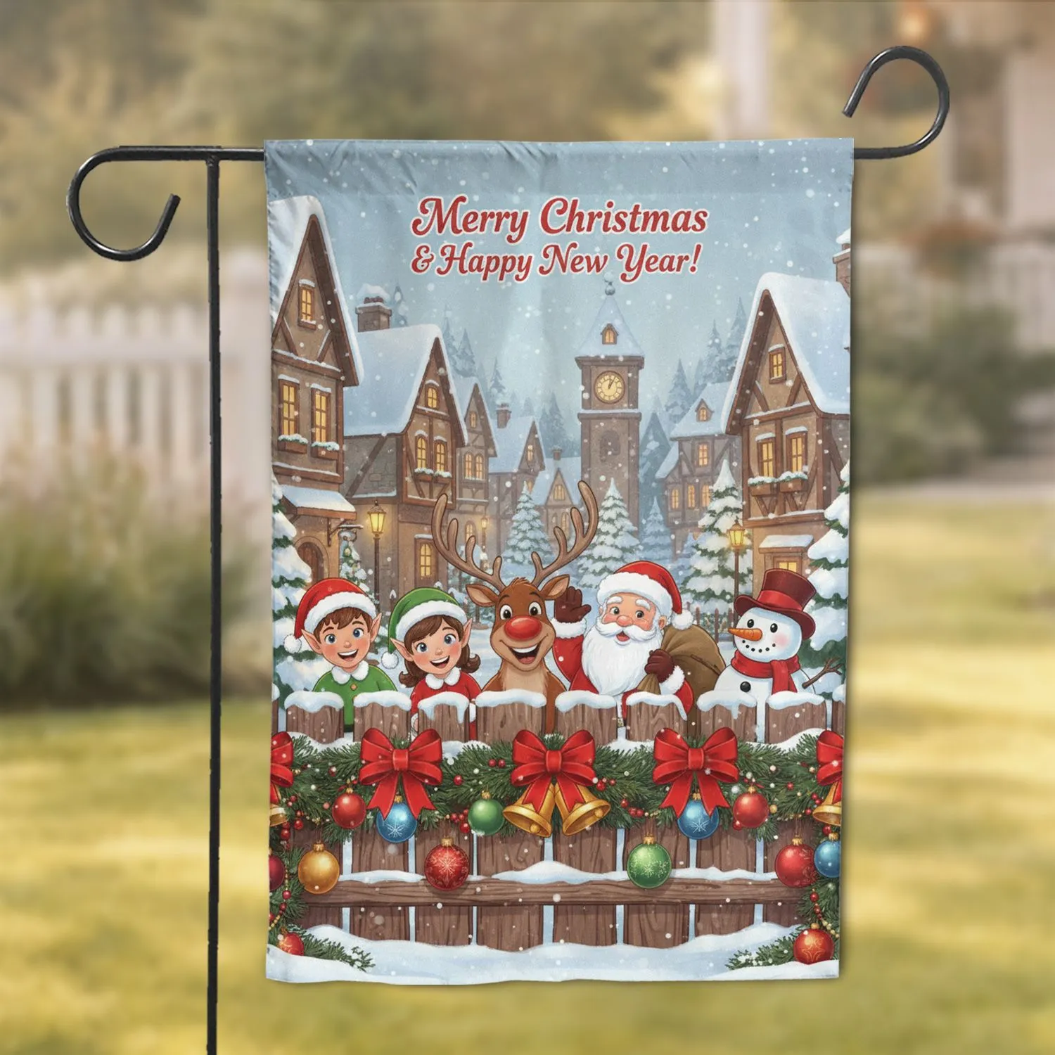 Santa Elf Reindeer Snowman European Village - Merry Christmas Happy New Year Garden Flag - 1
