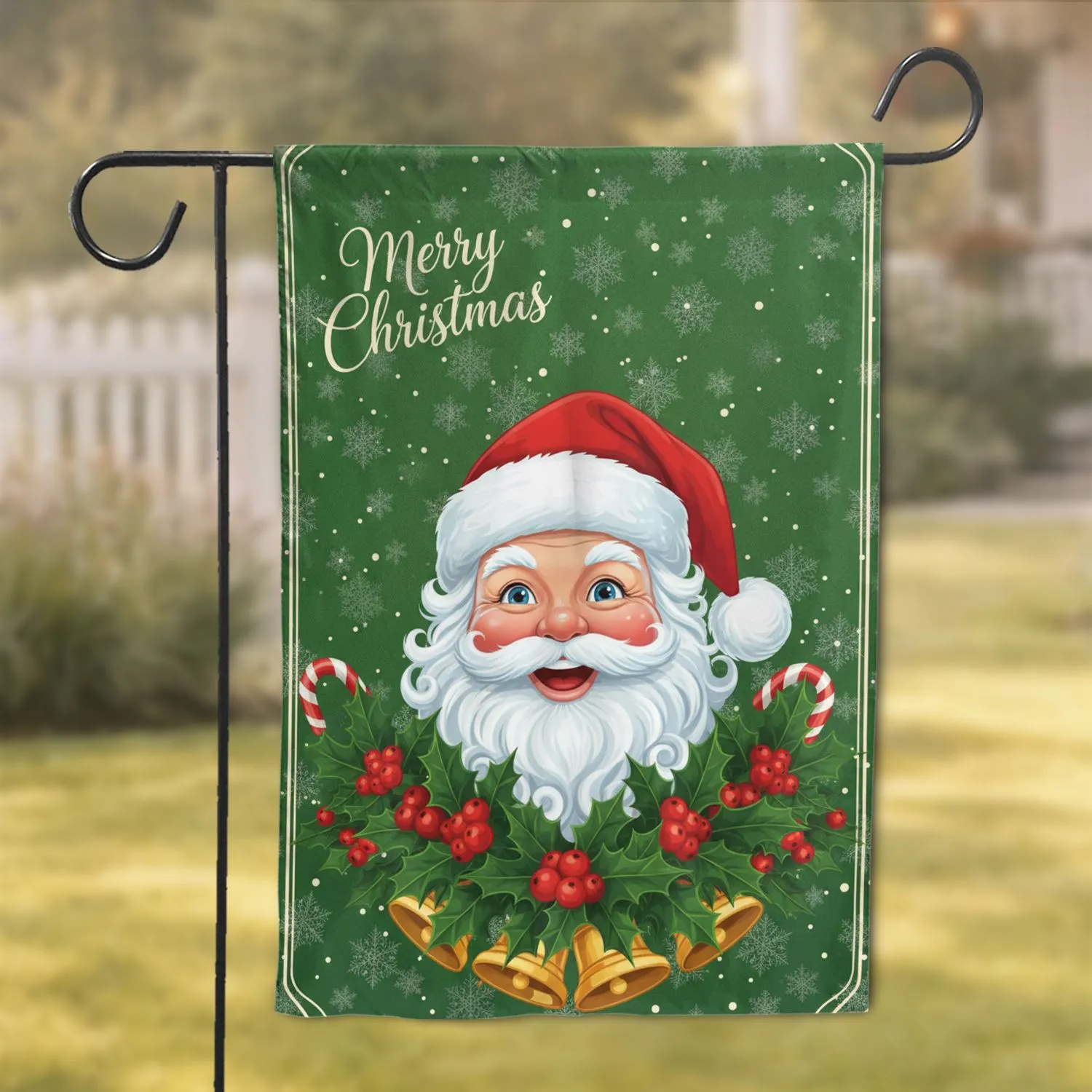 Cheerful Santa Holly Jingle Bells Snowflakes - Christmas Winter Gift Garden Flag - 1