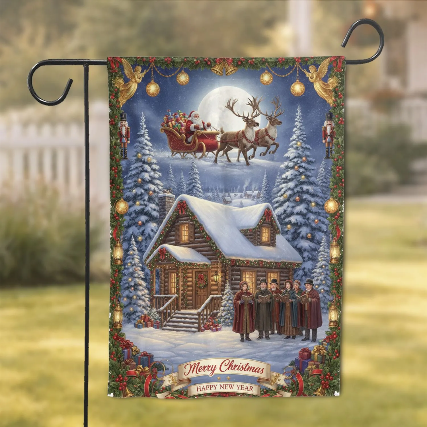 Santa Sleigh Reindeer Victorian Carolers Log Cabin Joyeux Noël Holiday Decor Garden Flag - 1