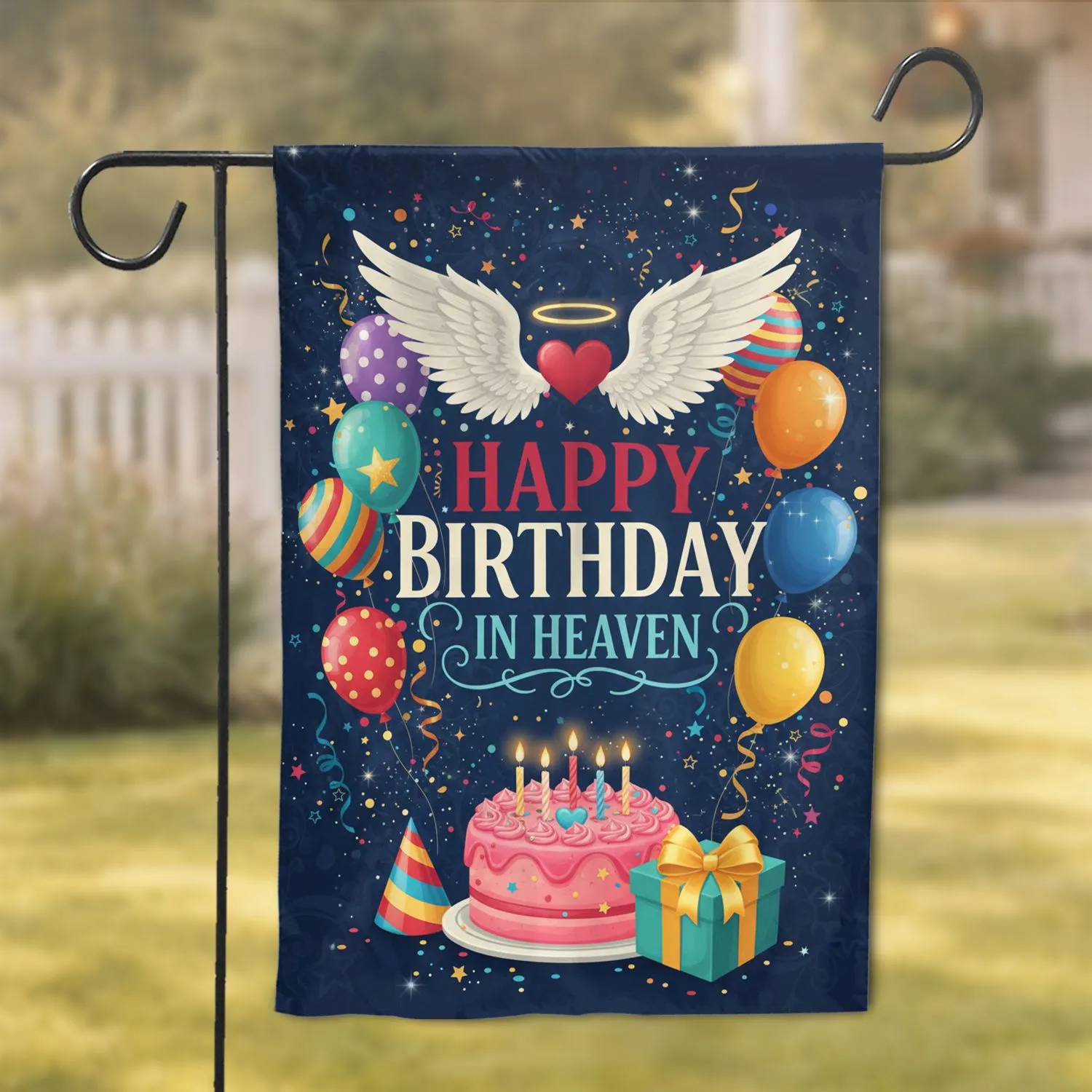 Happy Birthday In Heaven Angel Wings Balloons Cake - Memorial Birthday Gift Garden Flag - 1
