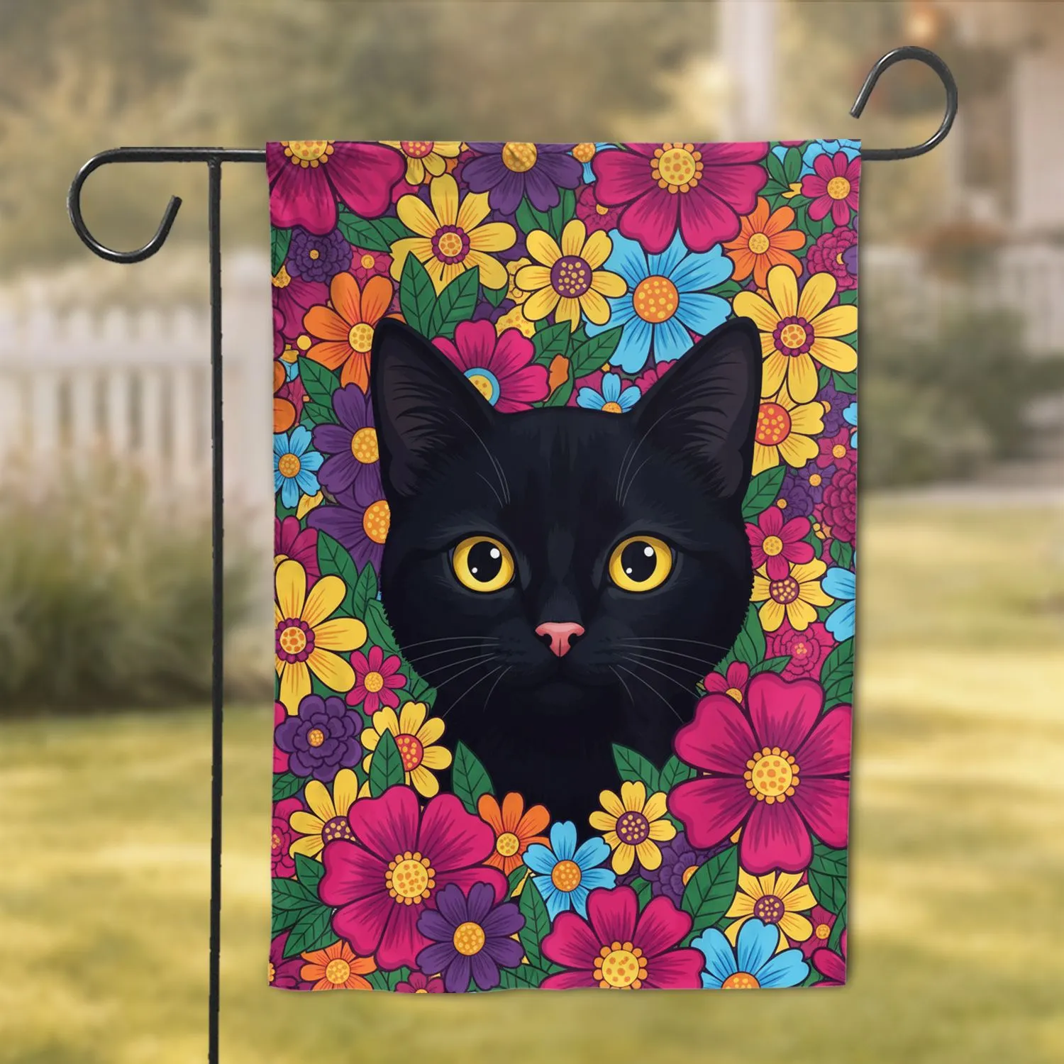 Black Cat Glowing Yellow Eyes Fuchsia Purple Floral - Home Decor Gift for Cat Lover Garden Flag - 1