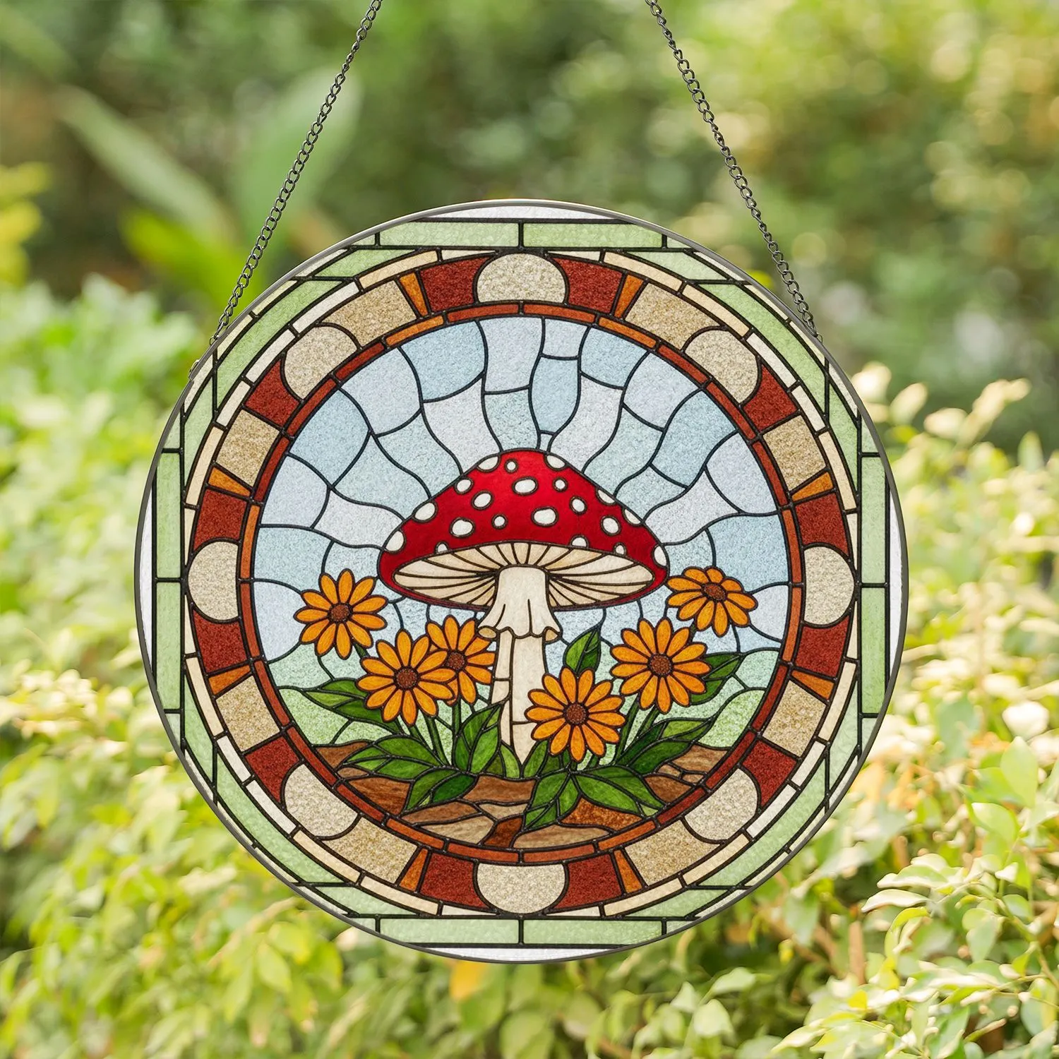 Tiffany Stained Glass Red Mushroom Orange Daisy Flowers - Home Decor Gift for Garden Lover Stained Glass Suncatcher - 1