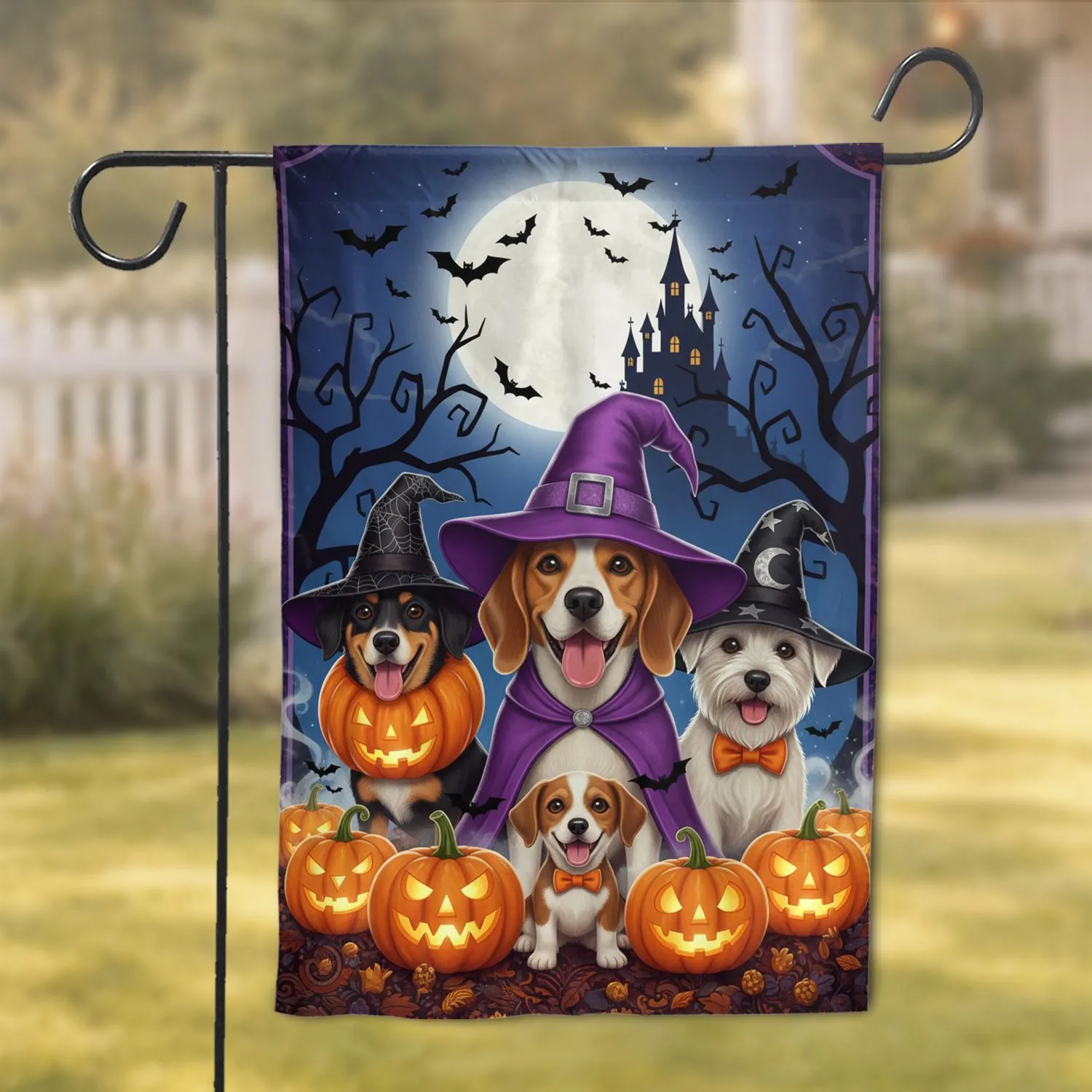 Happy Dogs Halloween Costumes Haunted Castle - Halloween Party Gift for Dog Lover Garden Flag - 1