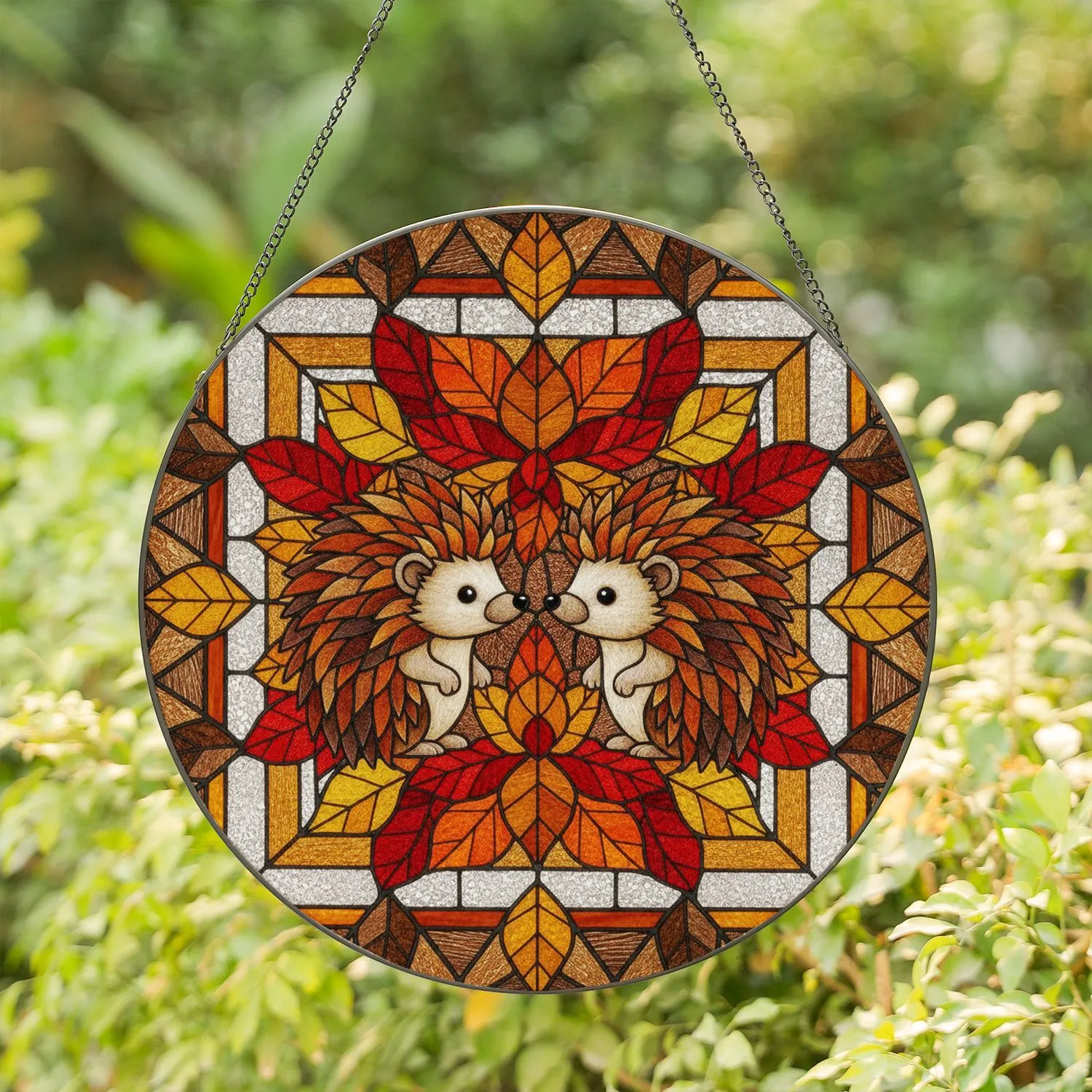 Hedgehogs Autumn Leaves - Autumn Home Decor Gift for Hedgehog Lovers Stained Glass Suncatcher - 1