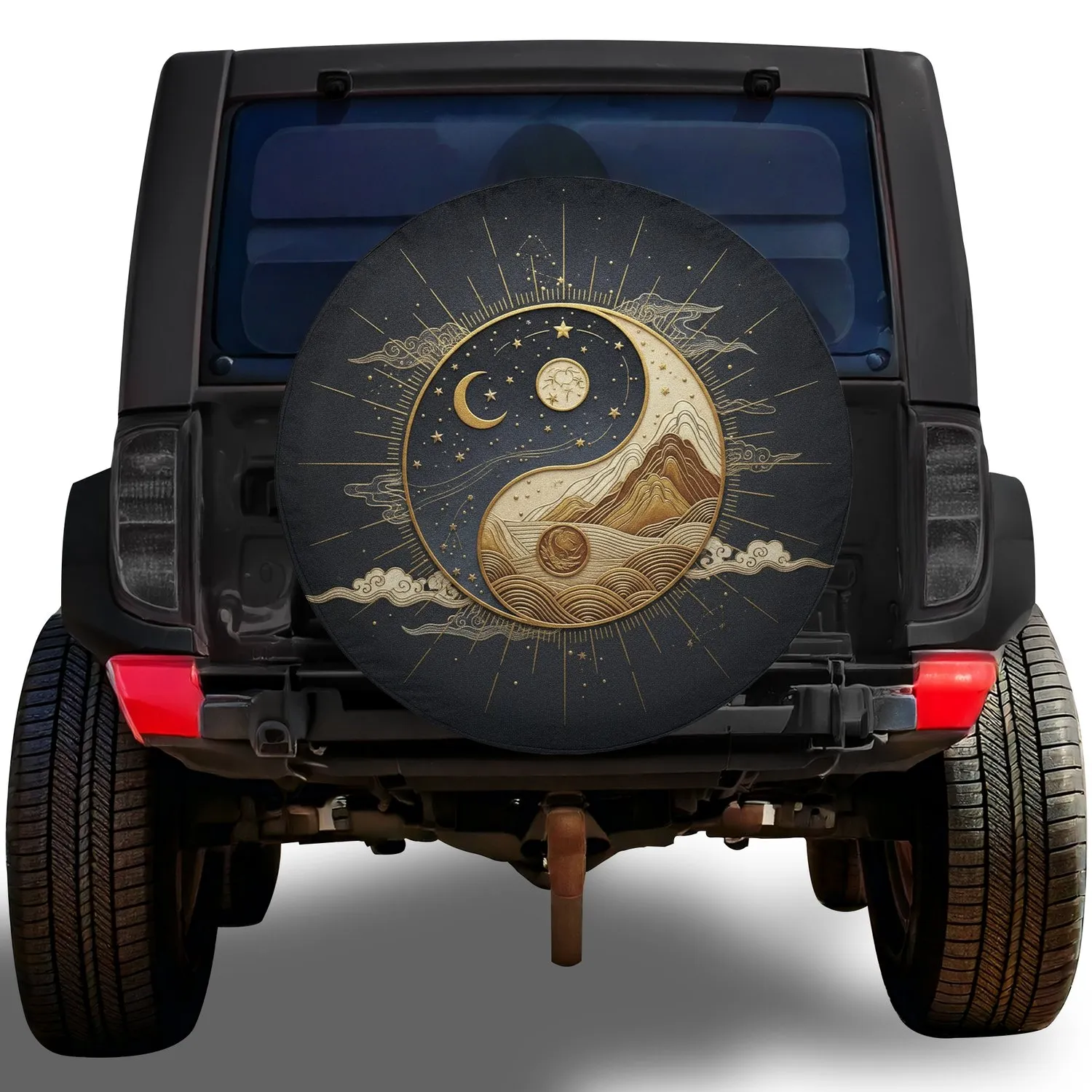 Golden Metallic Yin Yang Symbol Night Sky Mountains - Balance Seeker Home Decor Gift Spare Tire Cover - 1