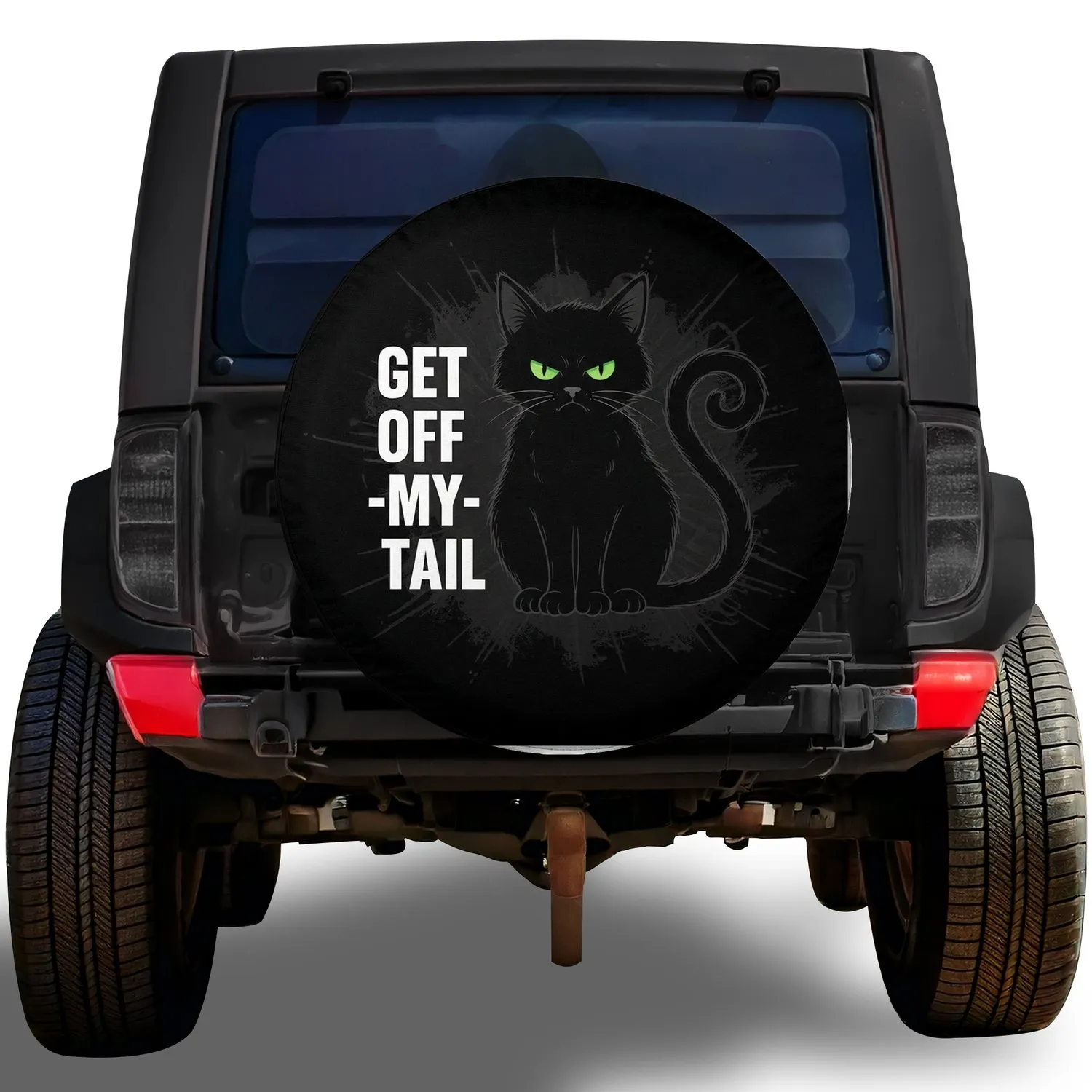 Grumpy Black Cat Green Eyes Long Tail 'GET OFF -MY- TAIL' - Cat Lover Vehicle Gift Spare Tire Cover - 1