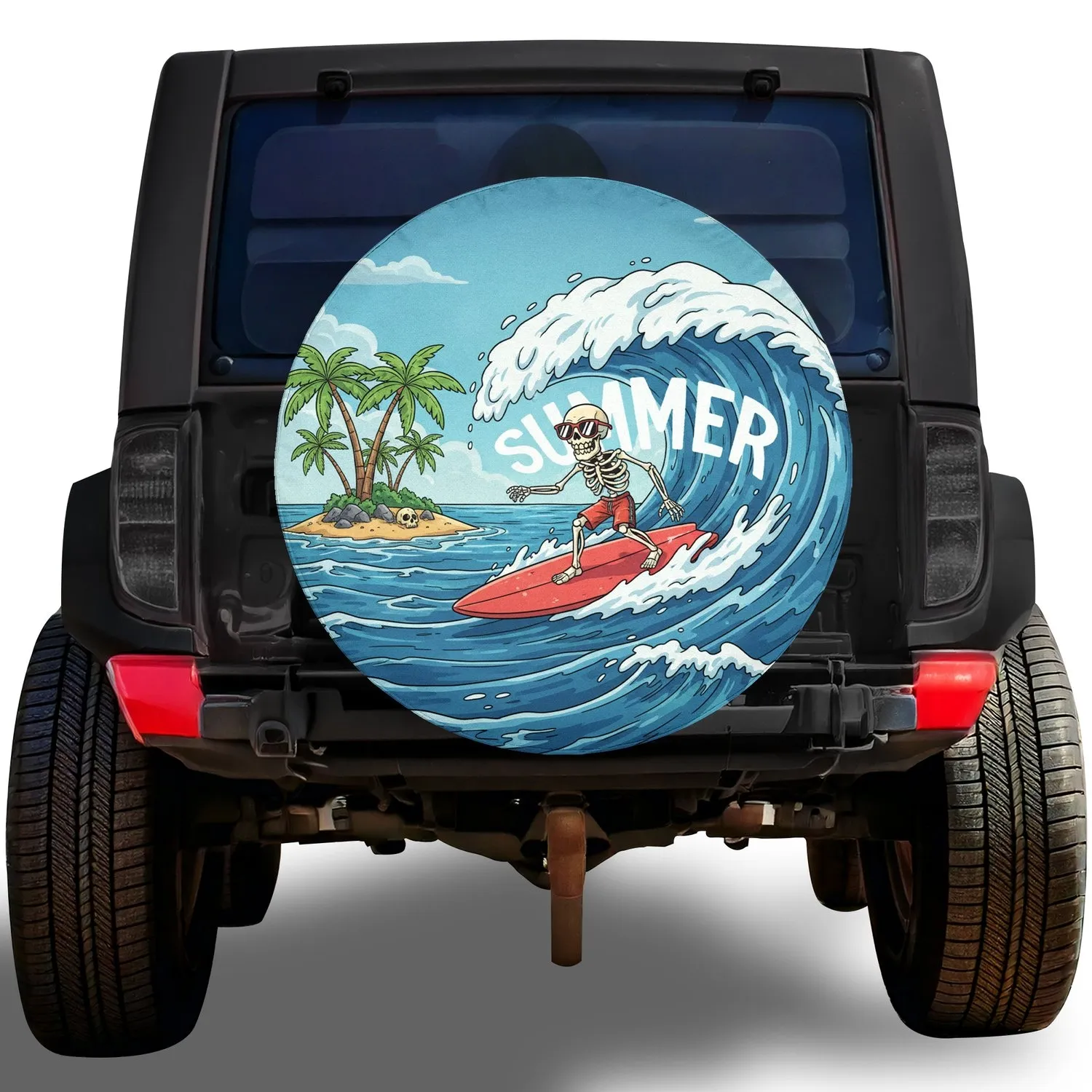 Skeleton Surfing Ocean Wave 'SUMMER' - Beach Lover Summer Lifestyle Gift Spare Tire Cover - 1