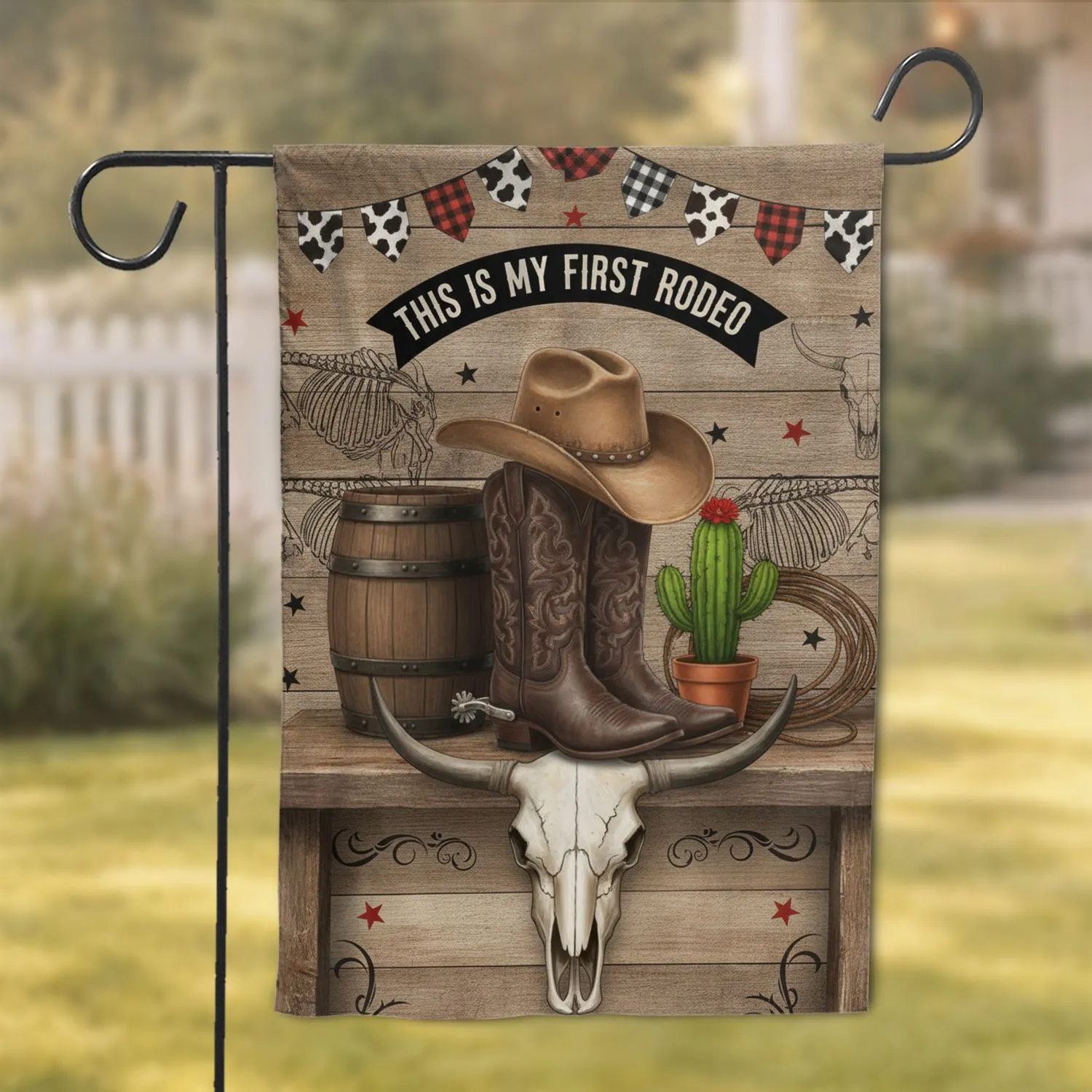 First Rodeo Cowboy Boots Steer Skull Western Celebration Decor for Cowboy Fan Garden Flag - 1