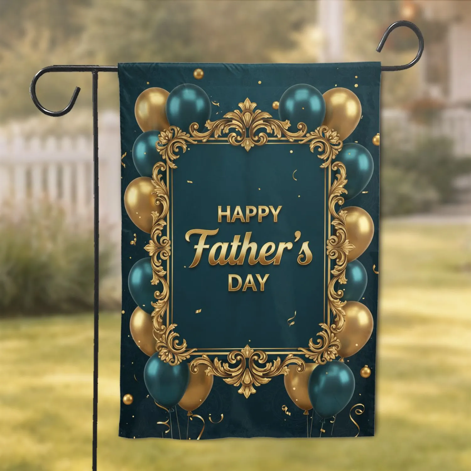 Happy Father's Day Gold Teal Framed Message Balloons Scrollwork - Father's Day Gift for Dad Garden Flag - 1