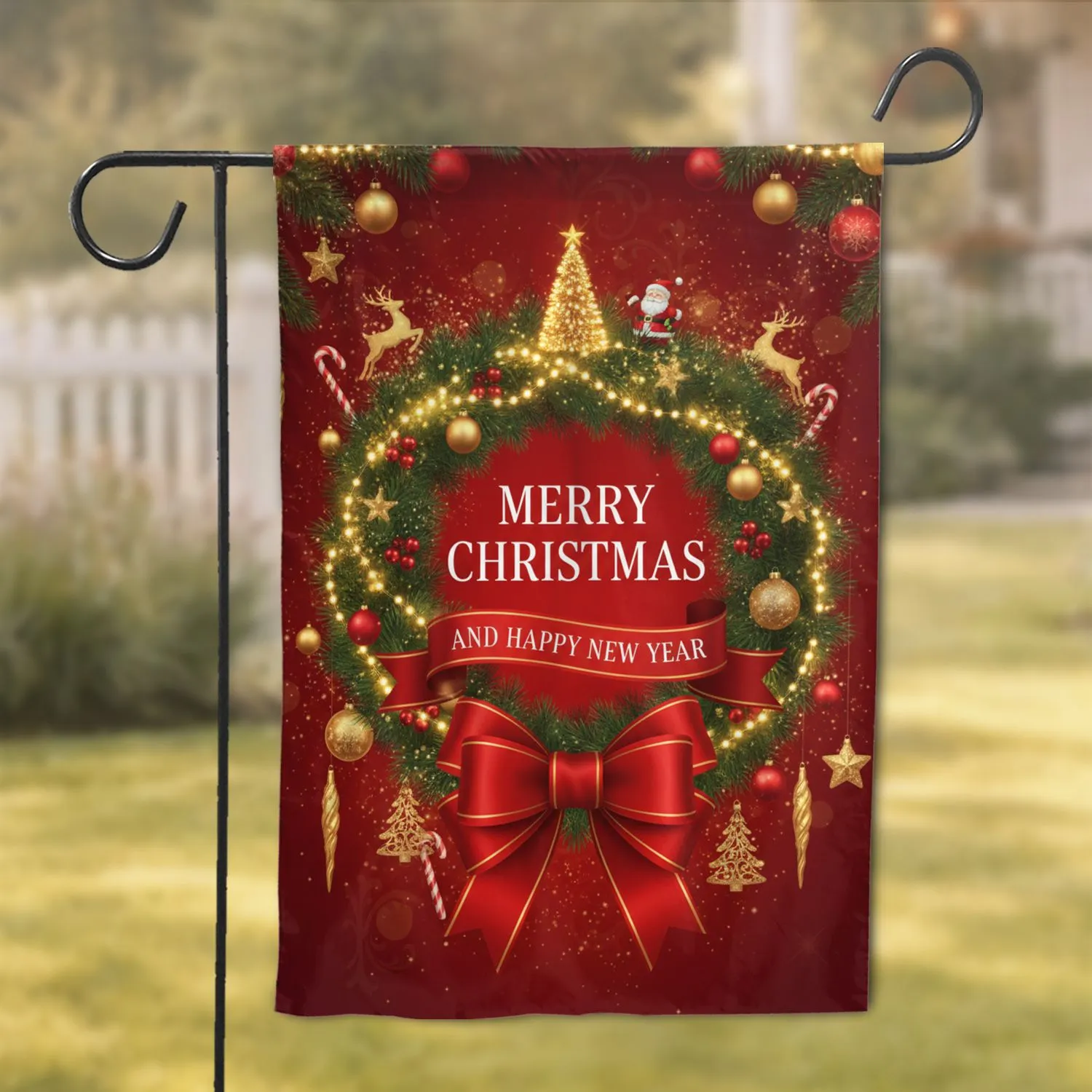 MERRY CHRISTMAS AND HAPPY NEW YEAR Wreath Golden Baubles - Holiday Celebration Decor Garden Flag - 1