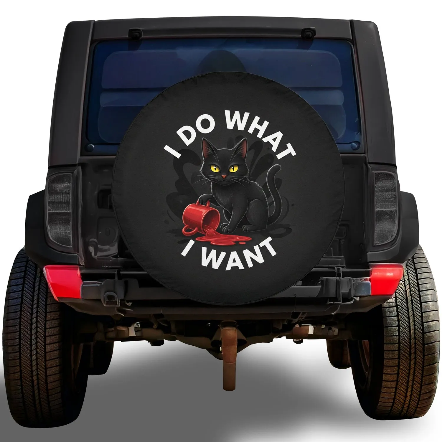 Black Cat 'I DO WHAT I WANT' Text - Independent Spirit Gift for Cat Lovers Spare Tire Cover - 1