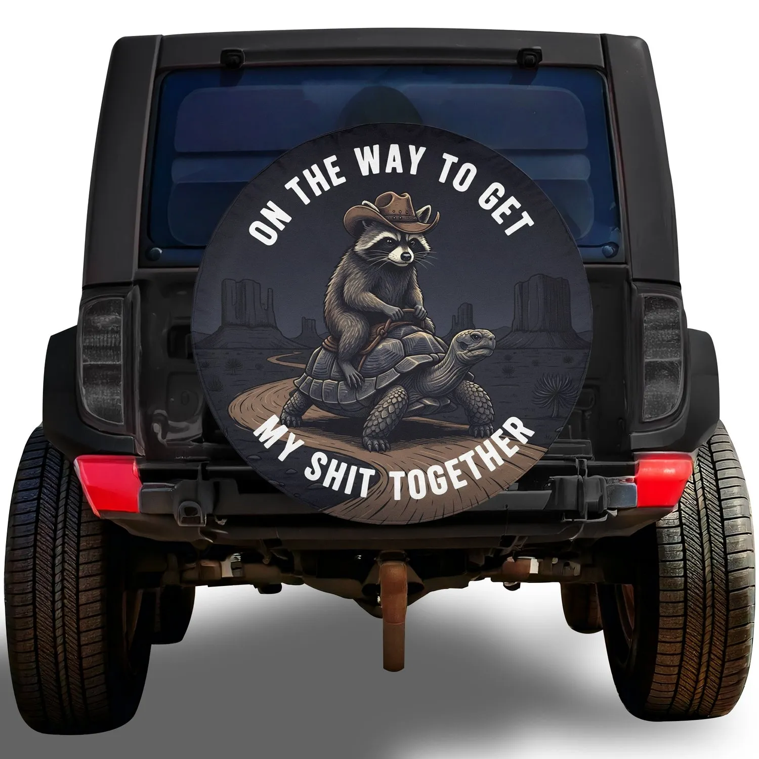 Raccoon Tortoise Cowboy Hat Journey - Adventure Lover Gift for Adventure Seekers Spare Tire Cover - 1