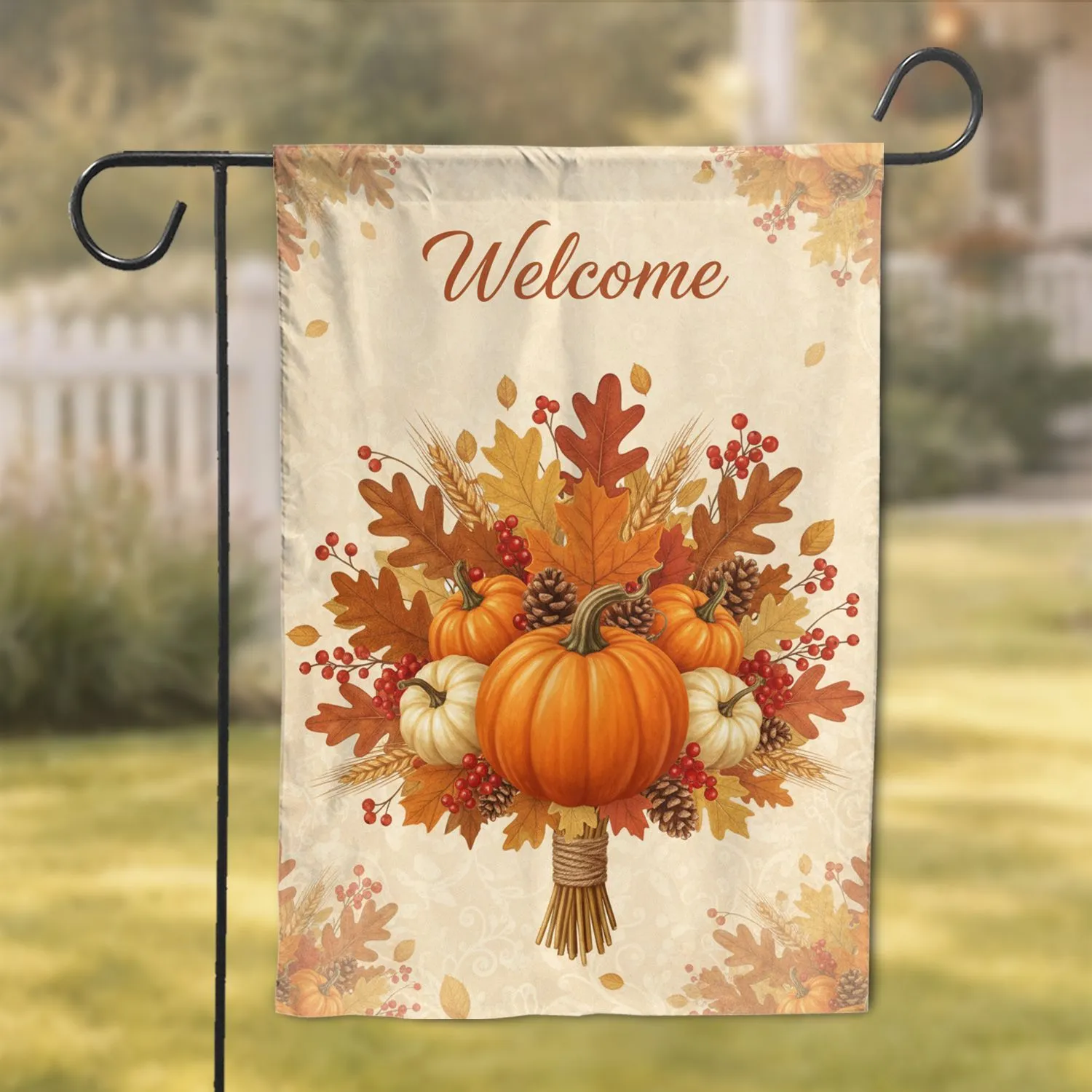 Welcome Fall Harvest Pumpkin Gourds Maple Leaves Wheat Berries - Home Decor Gift Garden Flag - 1