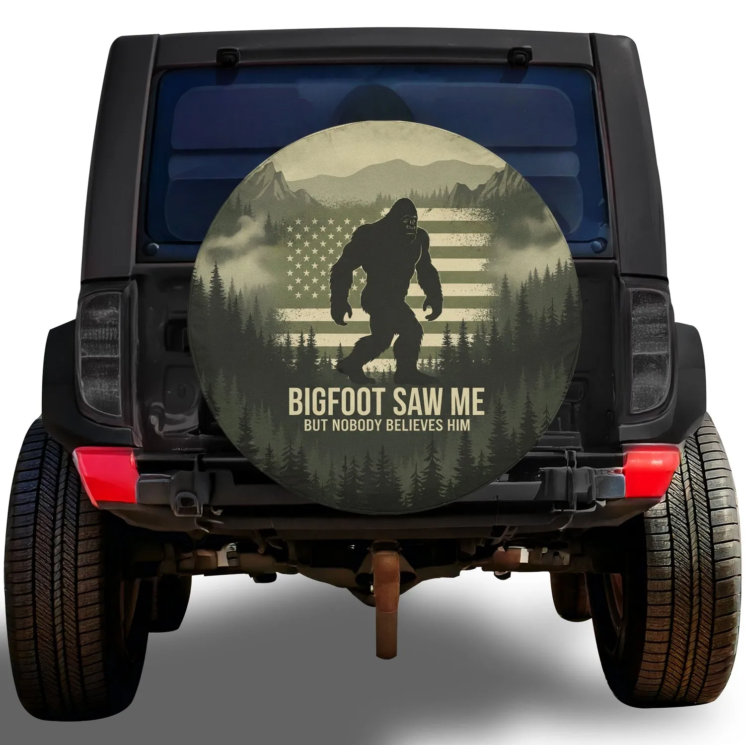 Bigfoot American Flag Forest Wilderness - Outdoor Lover Gift for Bigfoot Fan Spare Tire Cover - 1