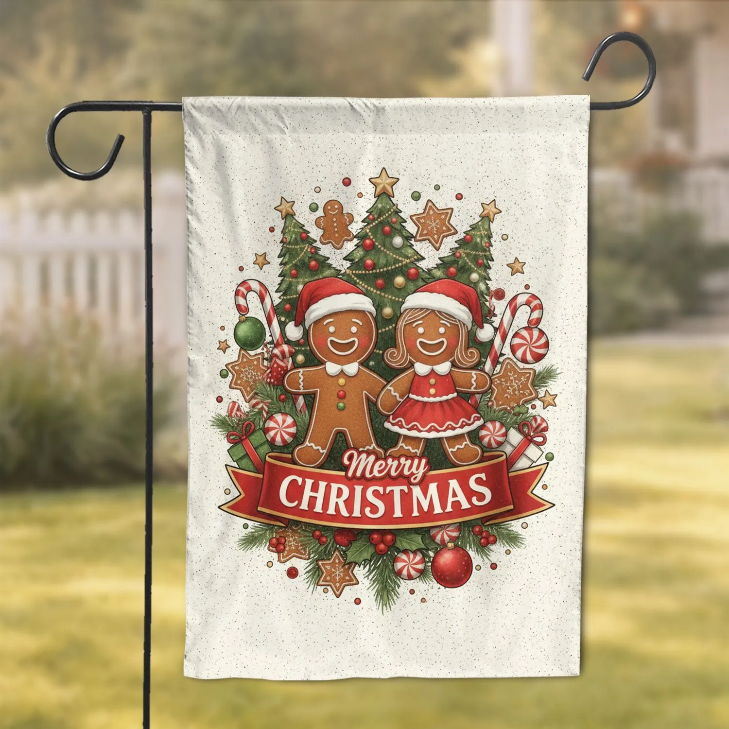 Merry Christmas Gingerbread Characters Holly Berries Candy Canes - Holiday Decor Garden Flag - 1
