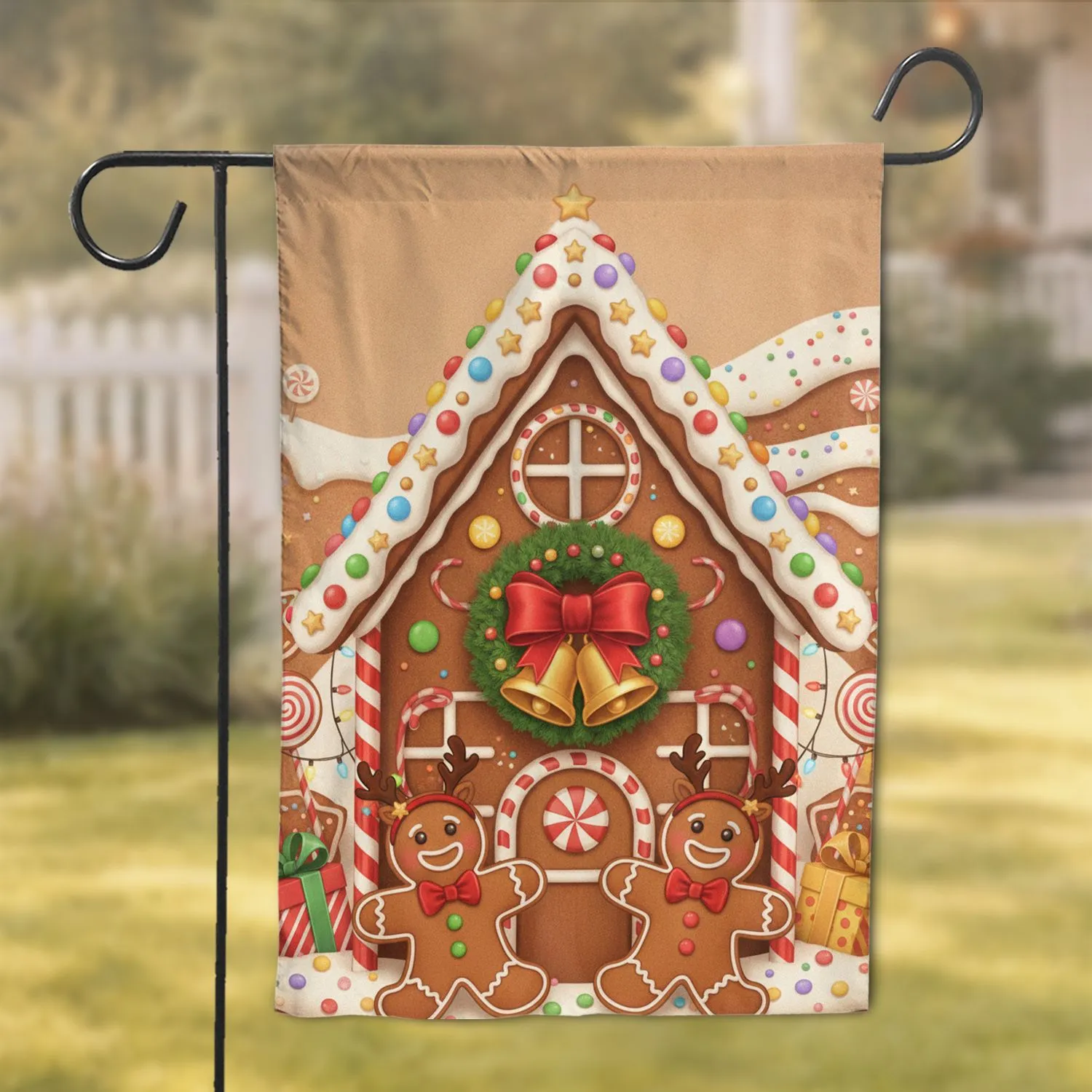 Gingerbread House Sprinkle Candy Wreath Reindeer Men - Christmas Holiday Party Garden Flag - 1