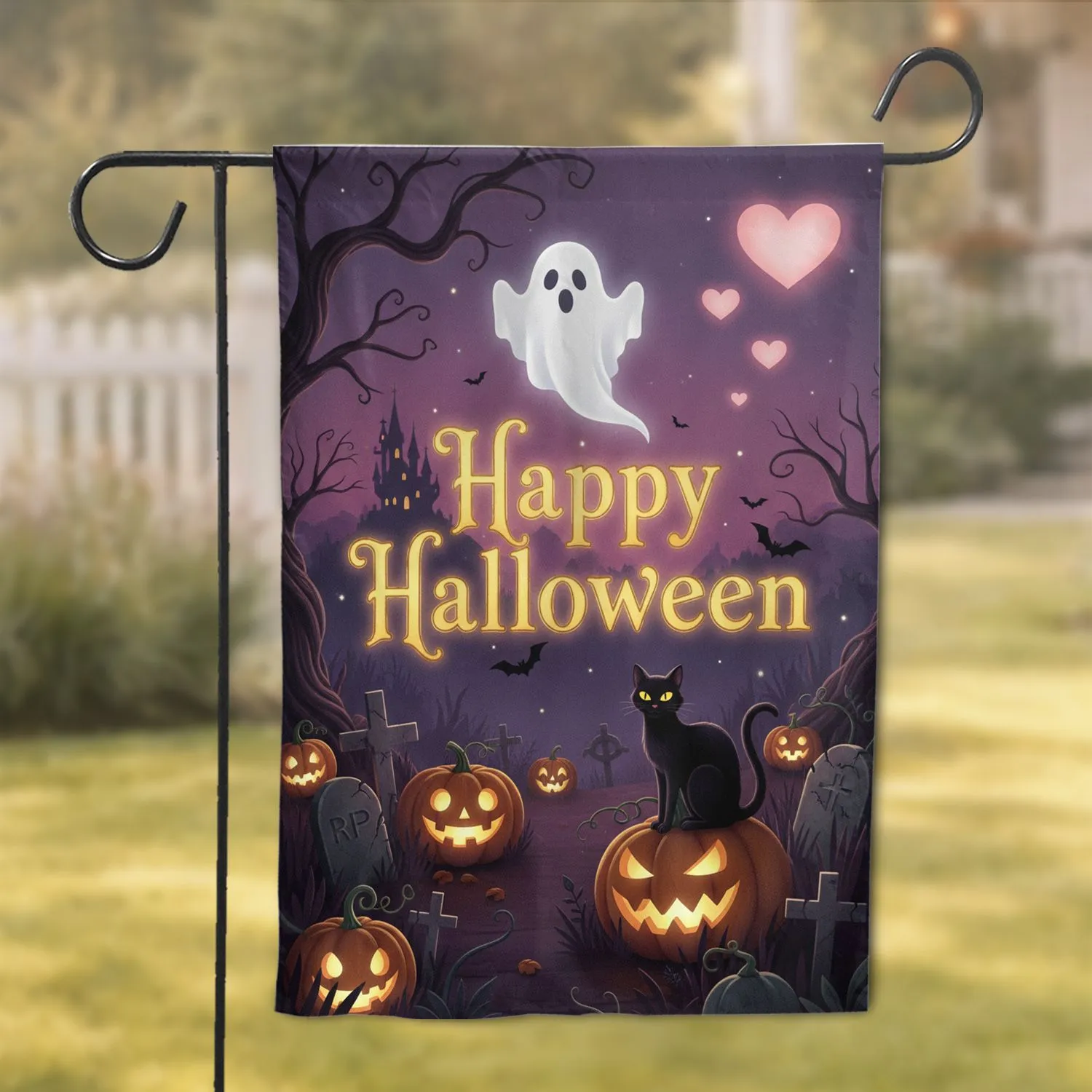 Happy Halloween Ghost Black Cat Jack-O'-Lantern - Halloween Home Decor Gift Garden Flag - 1