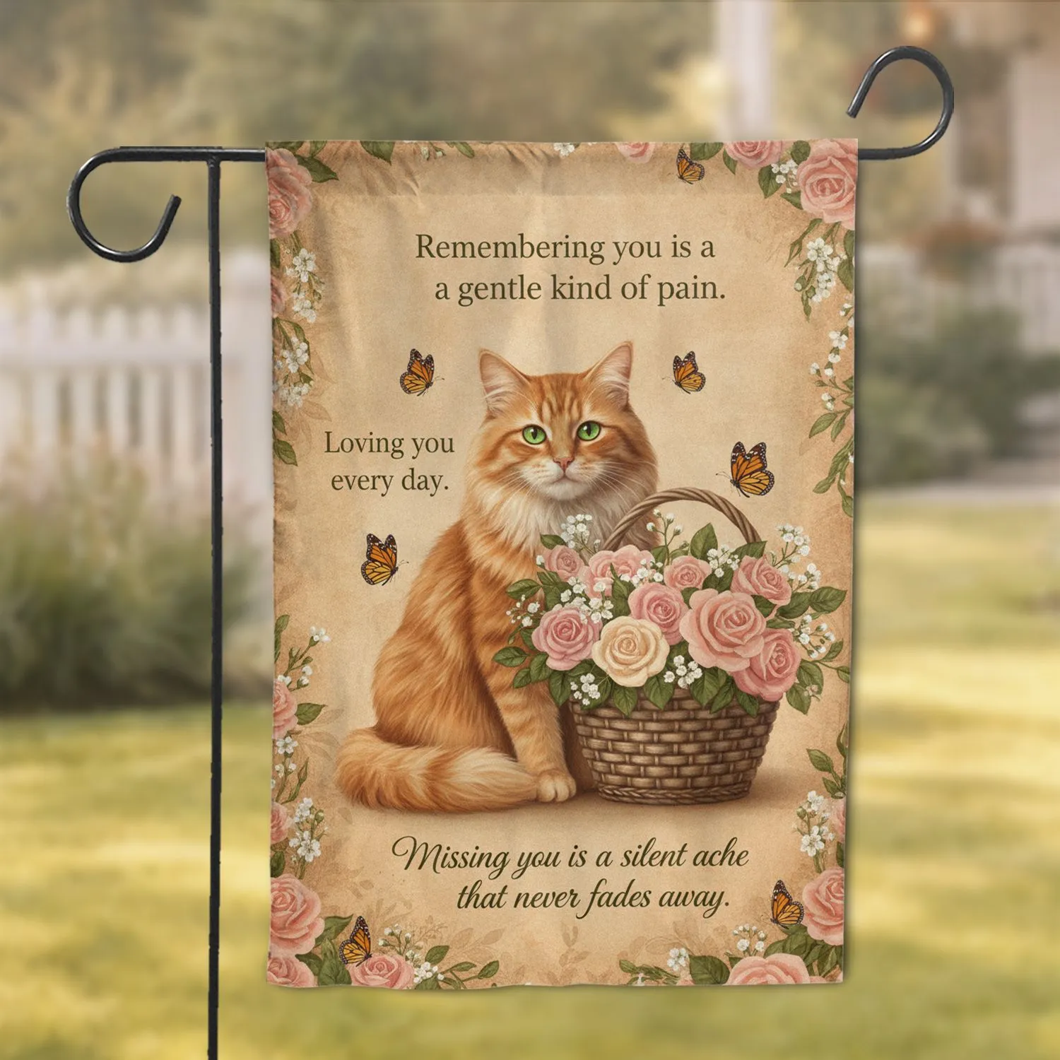 Ginger Cat Pink Roses Butterflies - Memory Loss Remembrance Comfort Gift Garden Flag - 1