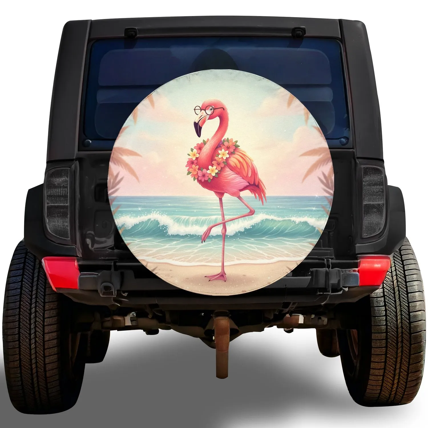 Flamingo Eyeglasses Lei Ocean Waves Tropical Seascape - Summer Getaway Gift Spare Tire Cover - 1