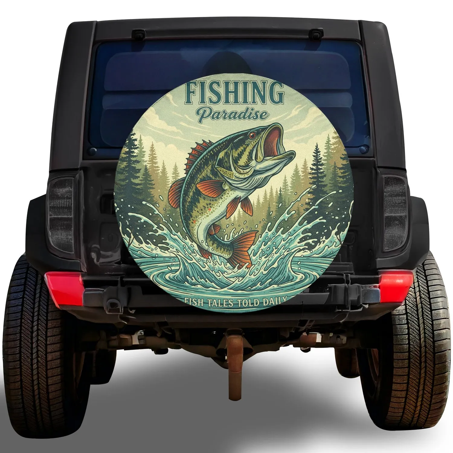 Leaping Bass Fishing Forest Landscape - Fishing Enthusiast Gift for Fishermen Spare Tire Cover - 1