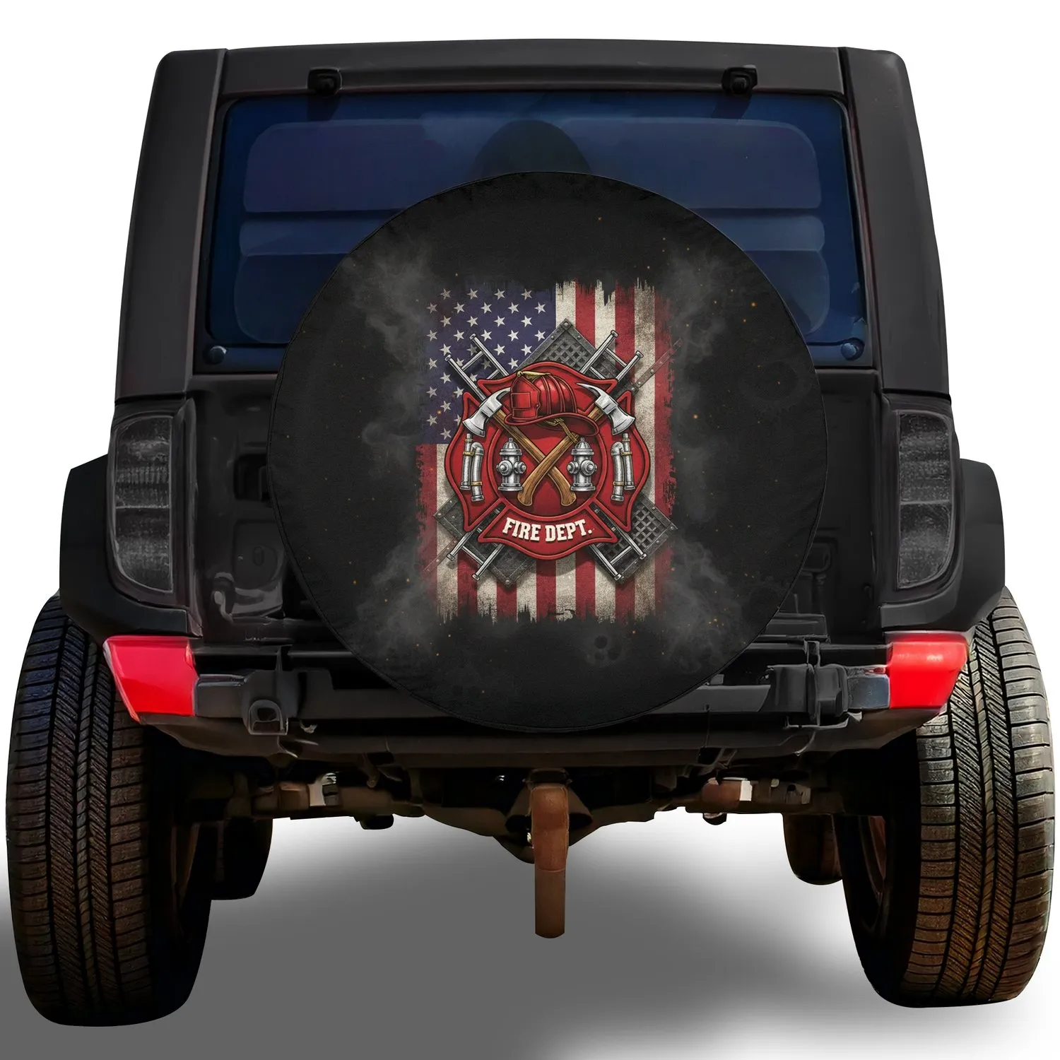 Distressed American Flag Maltese Cross Firefighter - First Responder Gift for Firefighters Spare Tire Cover - 1