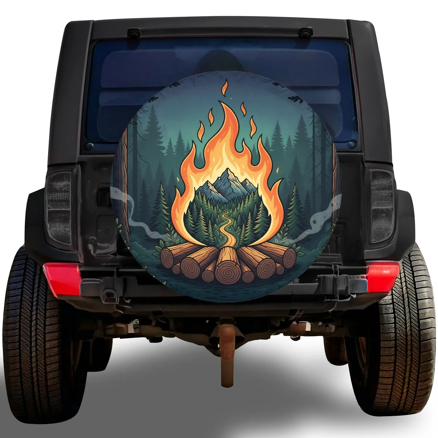 Campfire Mountain Forest Scene Twilight - Outdoor Adventure Trip Gift Spare Tire Cover - 1
