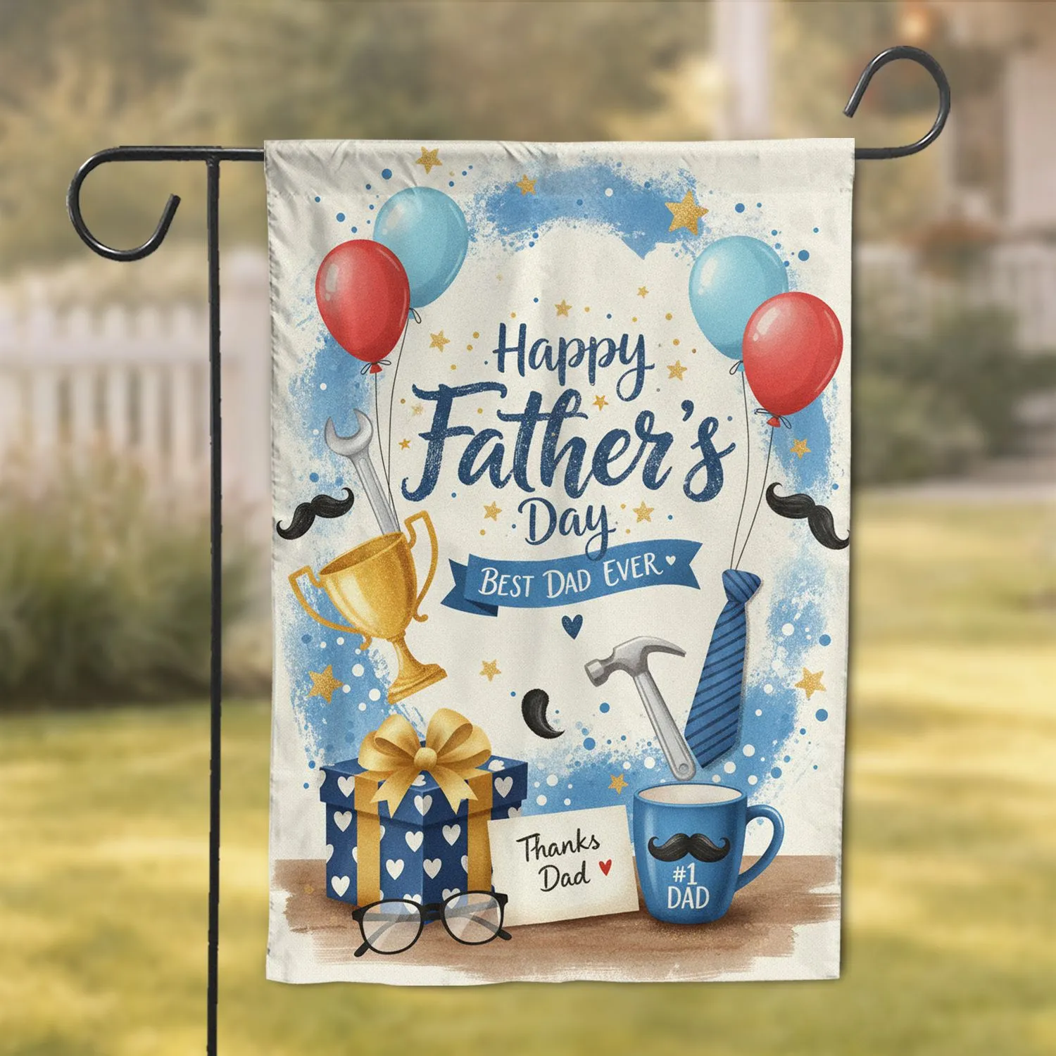 Happy Father's Day Trophy Balloons Necktie Mug - Celebration Gift for Dad Garden Flag - 1