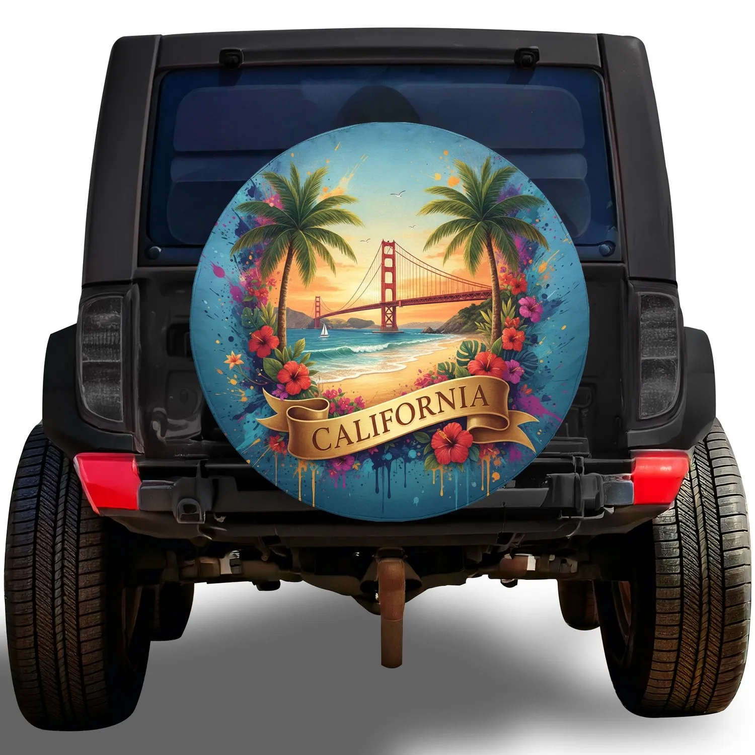 California Golden Gate Bridge Tropical Sunset Beach Palm - Travel Essentials Spare Tire Cover - 1