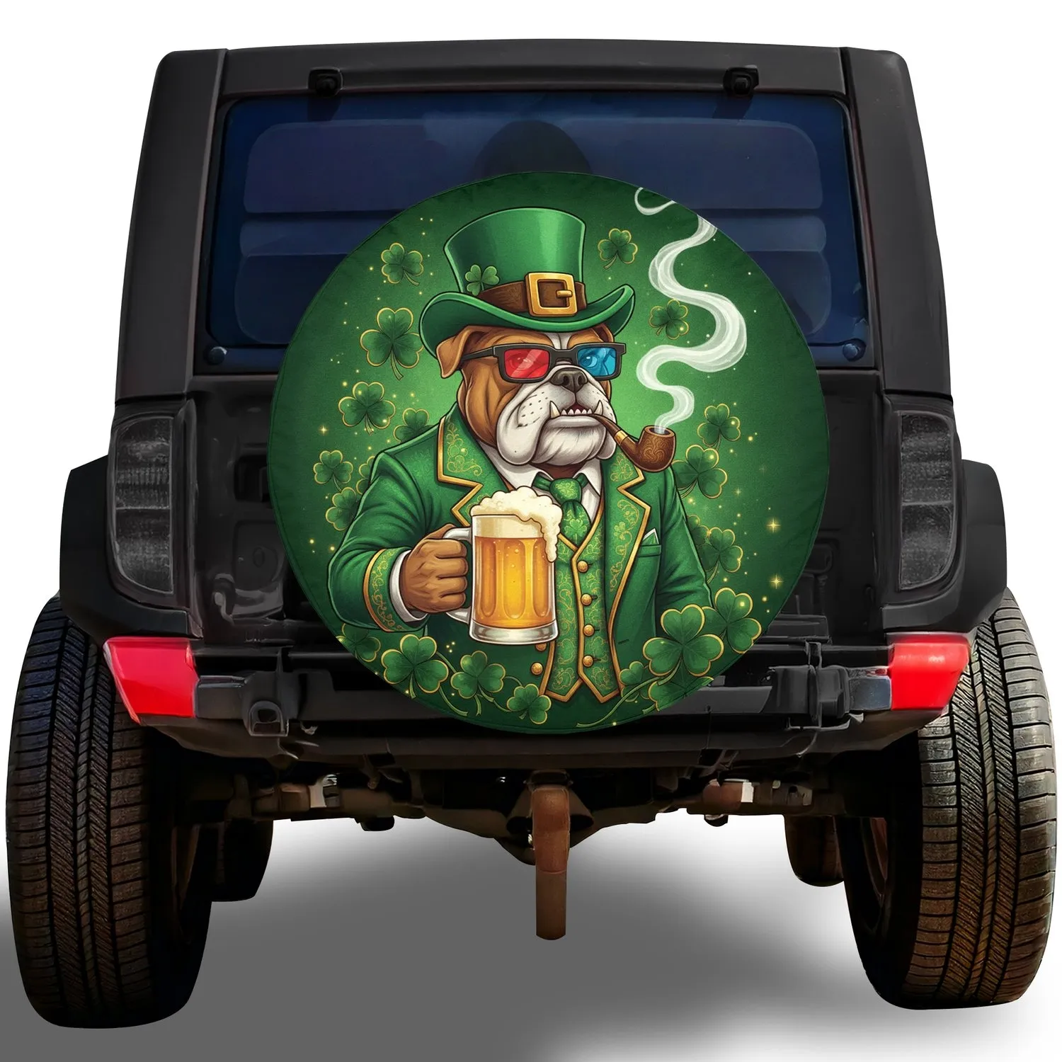 Stylized Bulldog Leprechaun Beer Mug Shamrocks - St. Patrick's Day Celebration Spare Tire Cover - 1