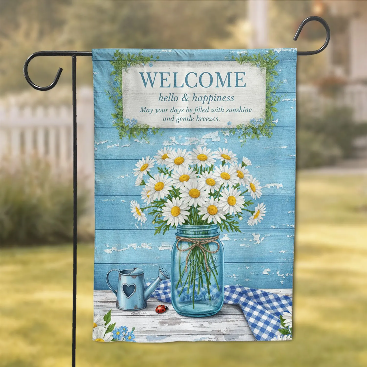 Daisies Mason Jar Ladybug Welcome Sign - Farmhouse Home Decor Gift for Garden Lover Garden Flag - 1