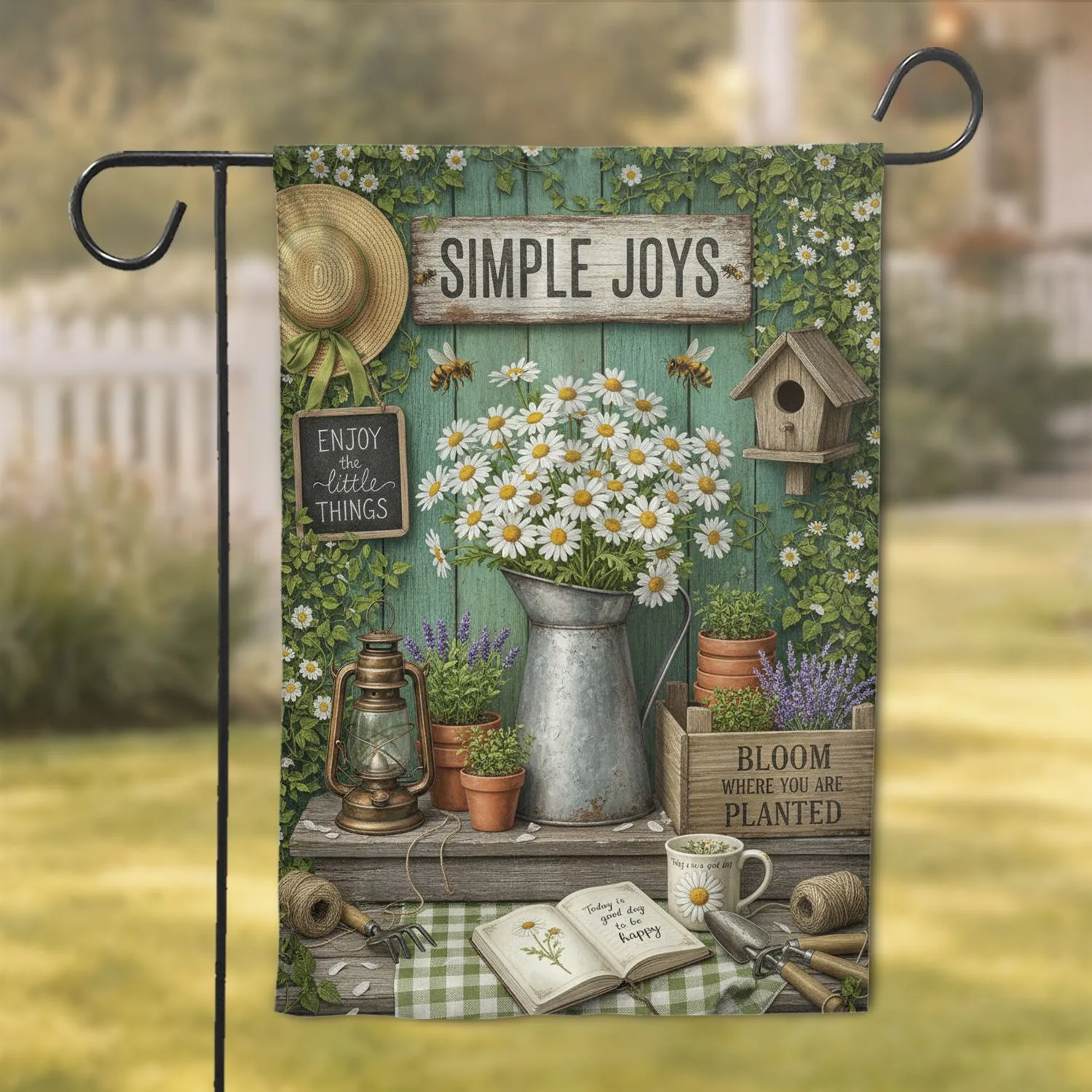 Simple Joys Rustic Garden Daisies Scene - Farmhouse Home Decor Gift Garden Flag - 1