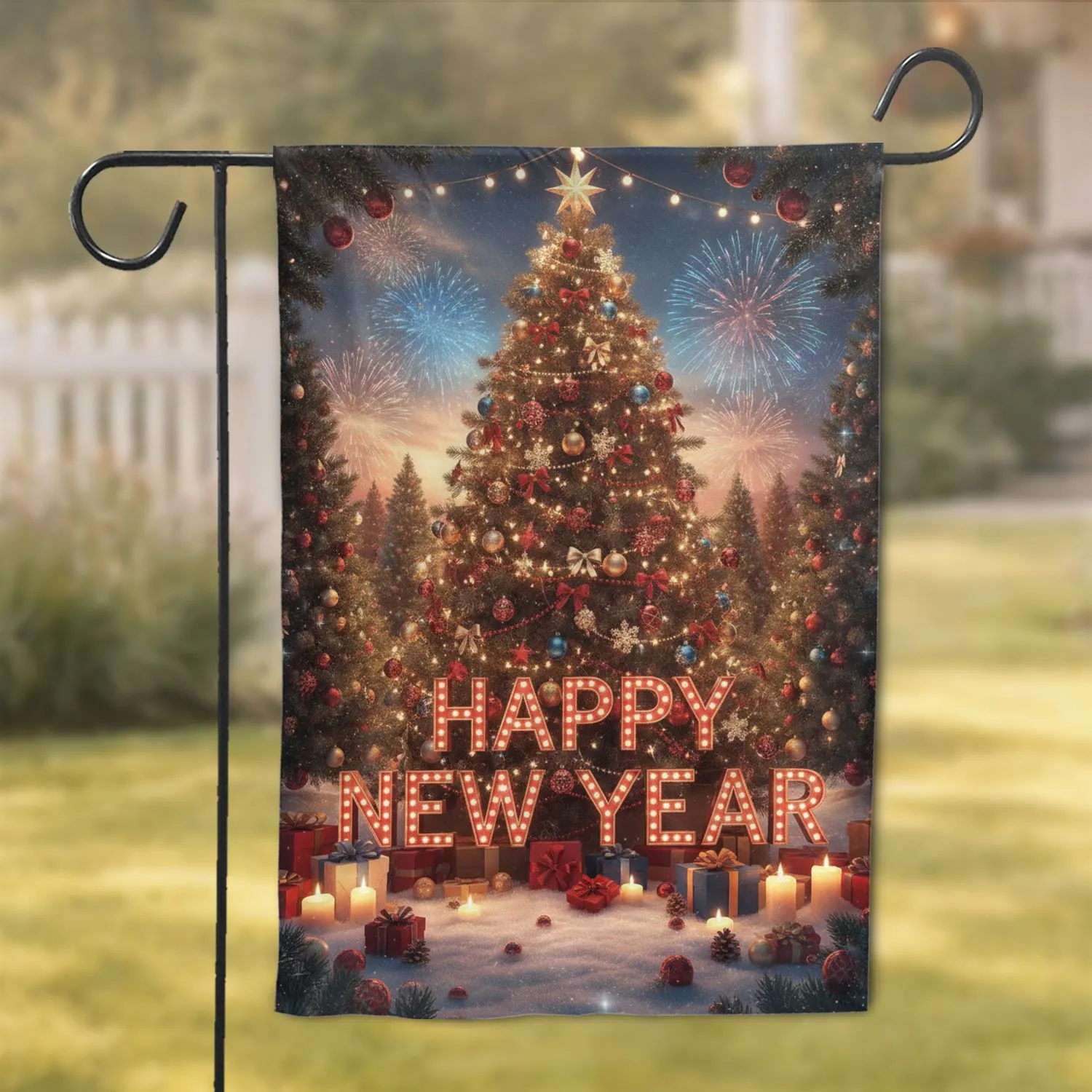 Christmas Tree Happy Year Marquee Fireworks - New Year Celebration Gift Garden Flag - 1