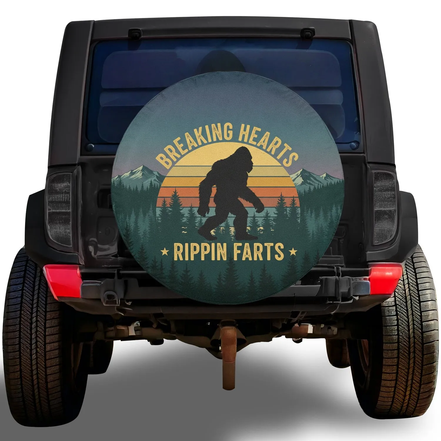 Bigfoot Sasquatch Breaking Hearts Rippin Farts Sunset - Outdoor Adventure Gift Spare Tire Cover - 1