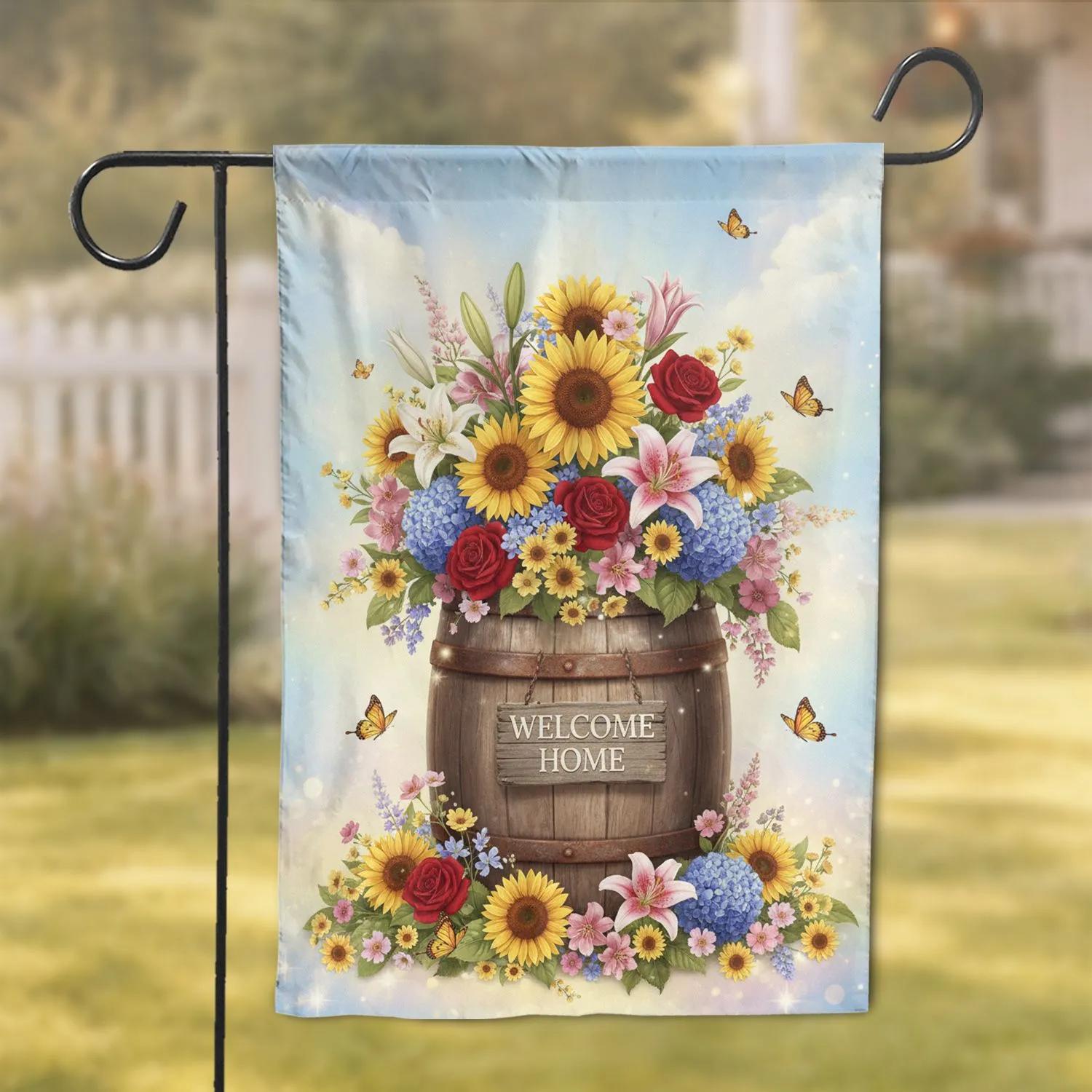Welcome Home Barrel Sunflowers Lilies Roses Hydrangeas Butterflies - Home Decor Gift Garden Flag - 1